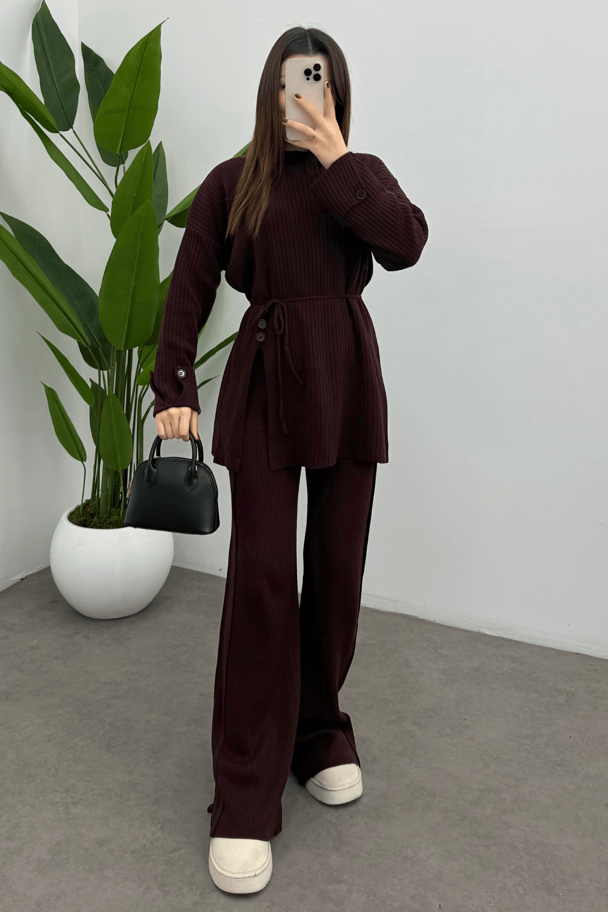 Kadın Bordo Bel Bağlamalı Düğme Detaylı Fitilli Triko Kazak Pantolon İkili Takım