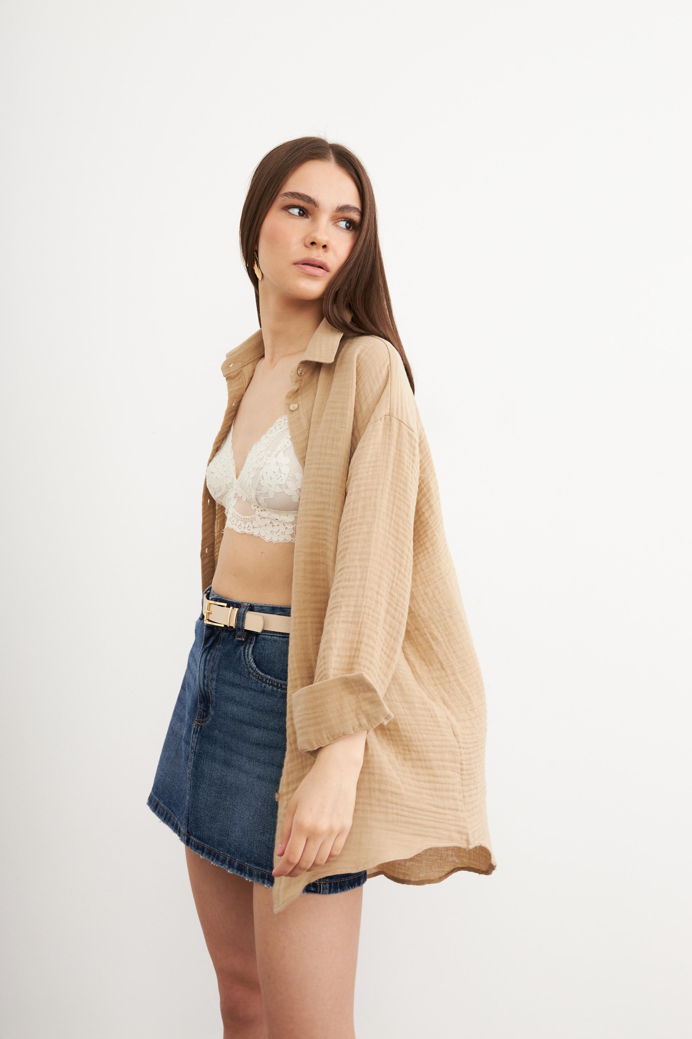 Kadın Krem Oversize Basic Müslin Gömlek