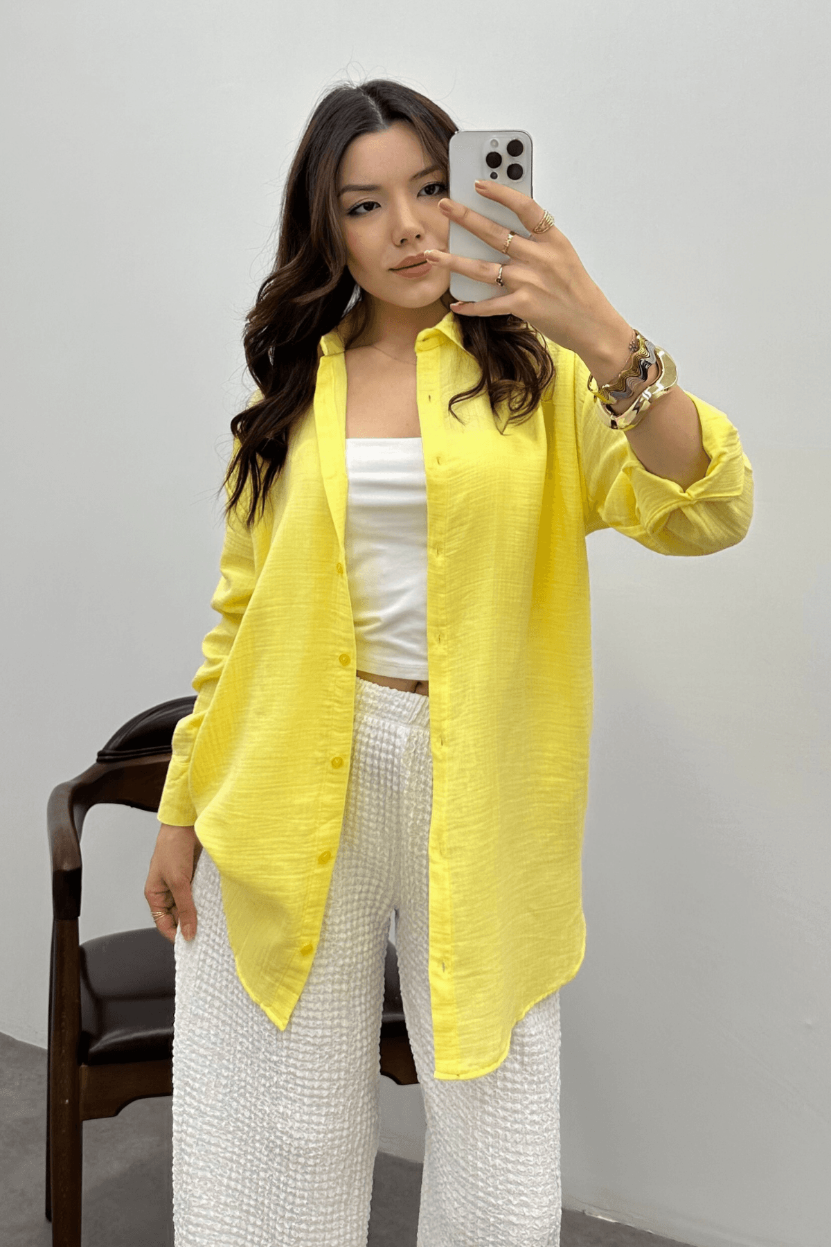 Kadın Tereyağı Sarısı Oversize Basic Müslin Gömlek