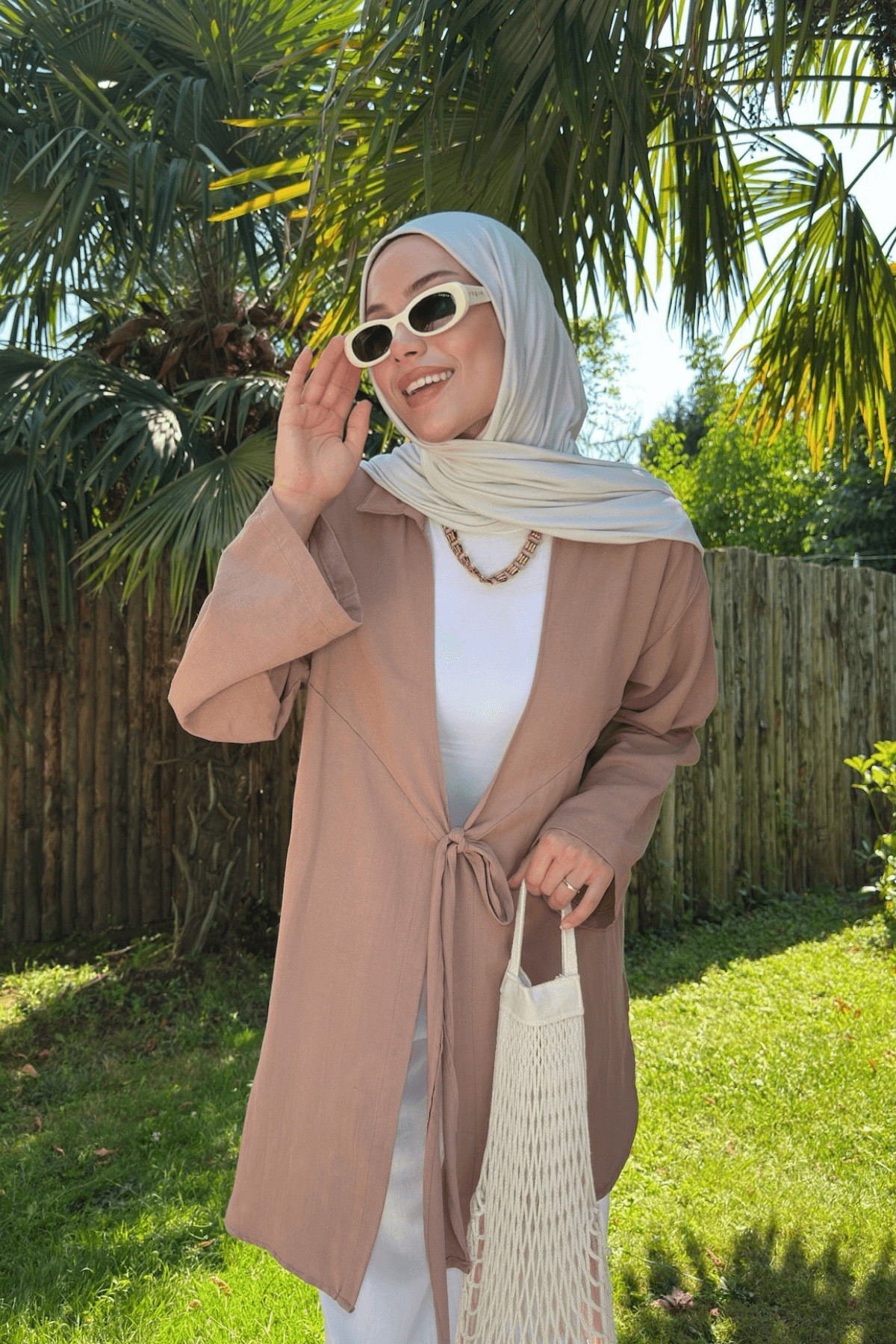Kadın Kahverengi Bağlama Detaylı Flam Keten Kimono