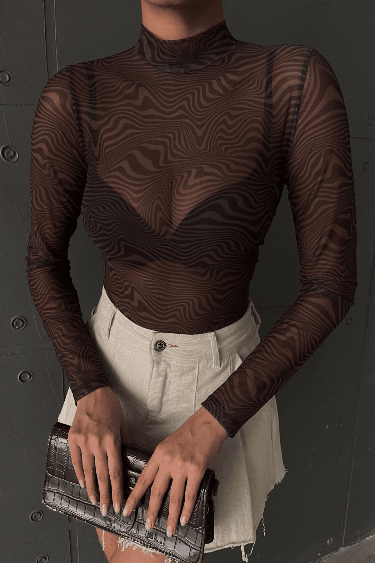 Kadın Kahverengi Zebra Desenli Tül Transparan Bluz