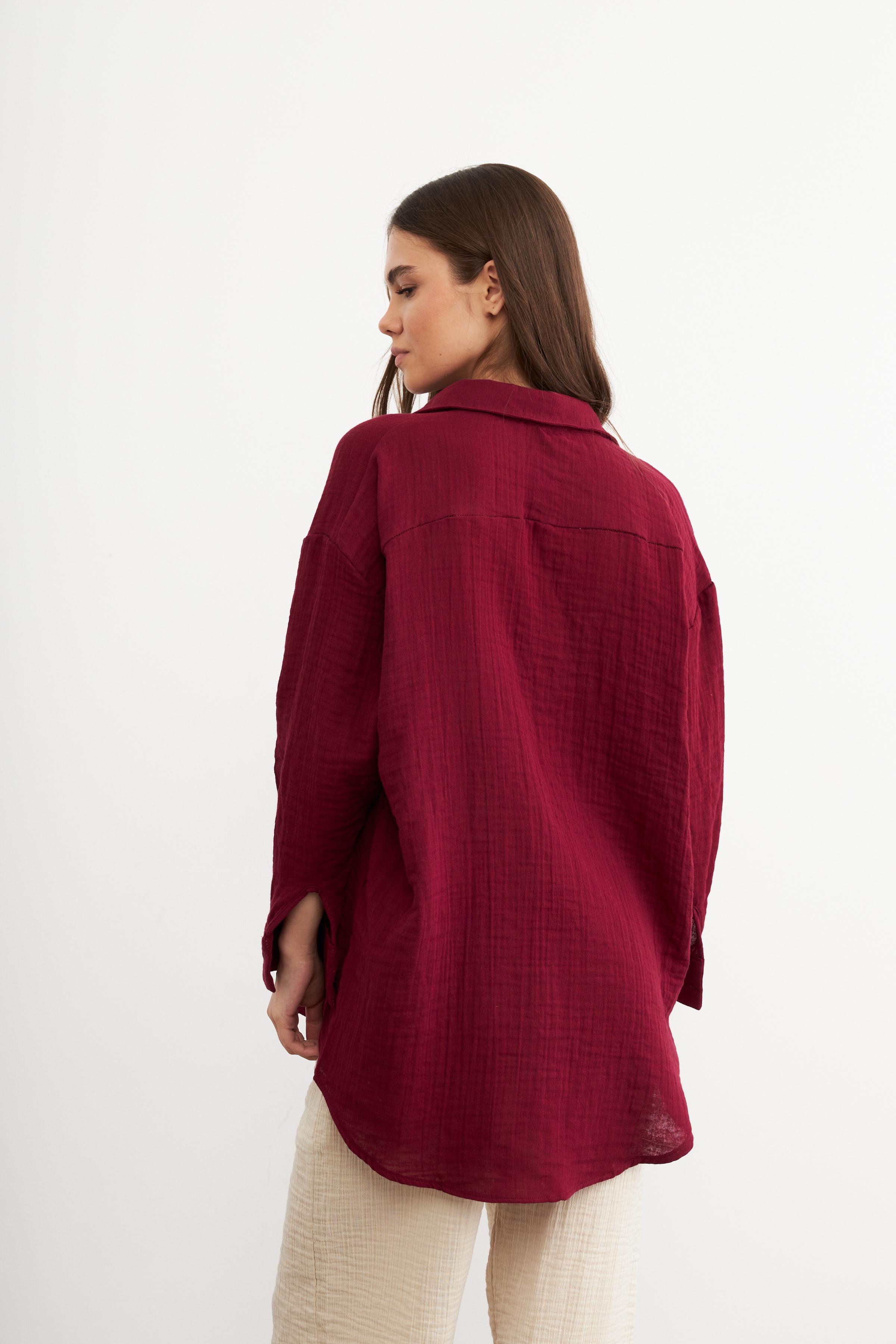 Kadın Bordo Oversize Basic Müslin Gömlek
