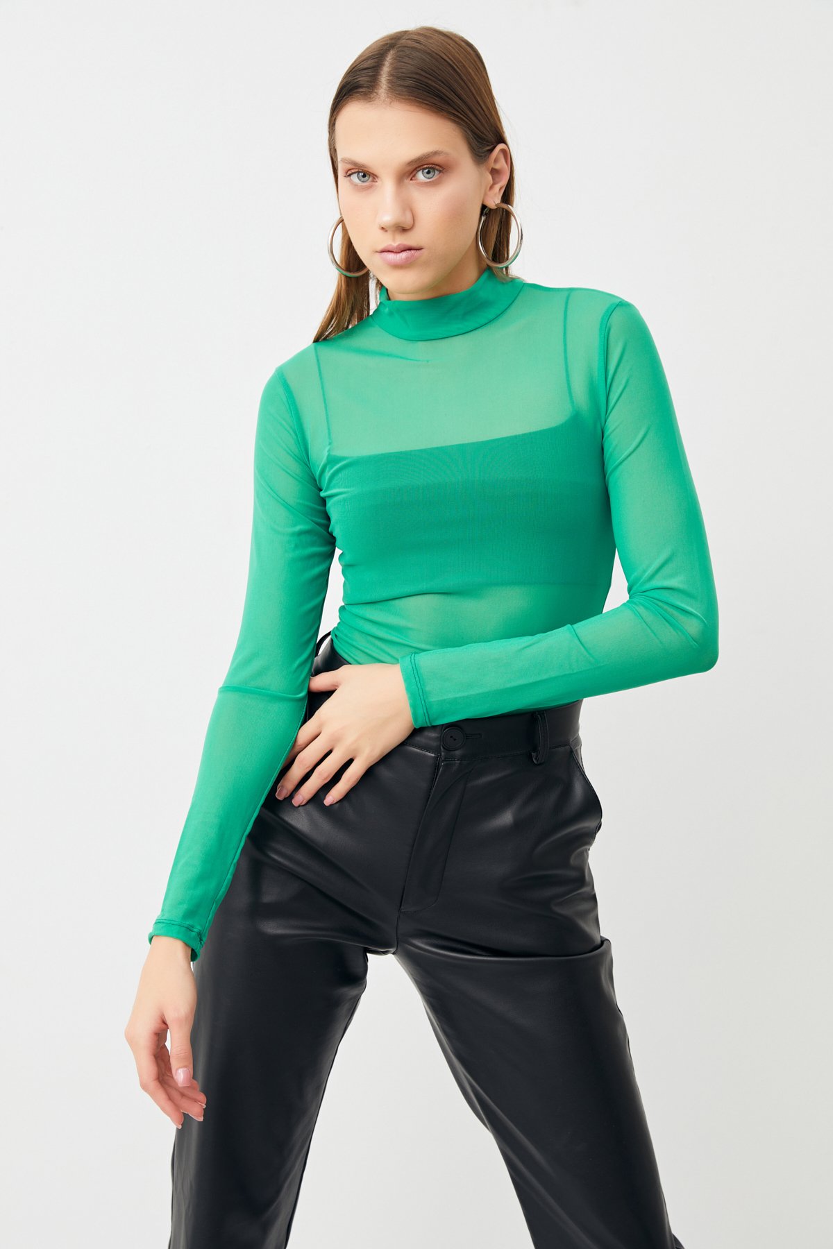 Kadın Yeşil Tül Transparan Bluz