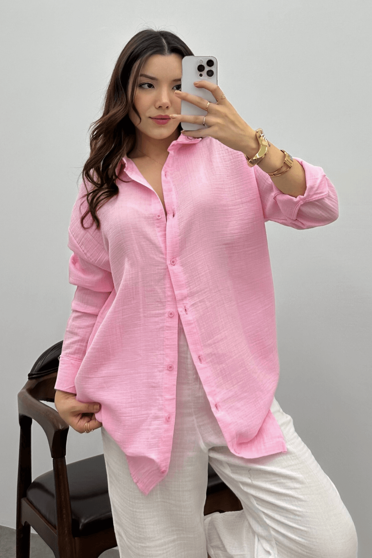 Kadın Pembe Oversize Basic Müslin Gömlek