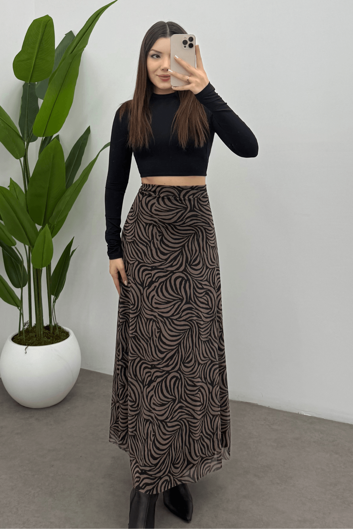 Kadın Kahverengi Dalga Zebra Baskılı  Arka Lastik Detaylı Fermuarlı  Tül Etek