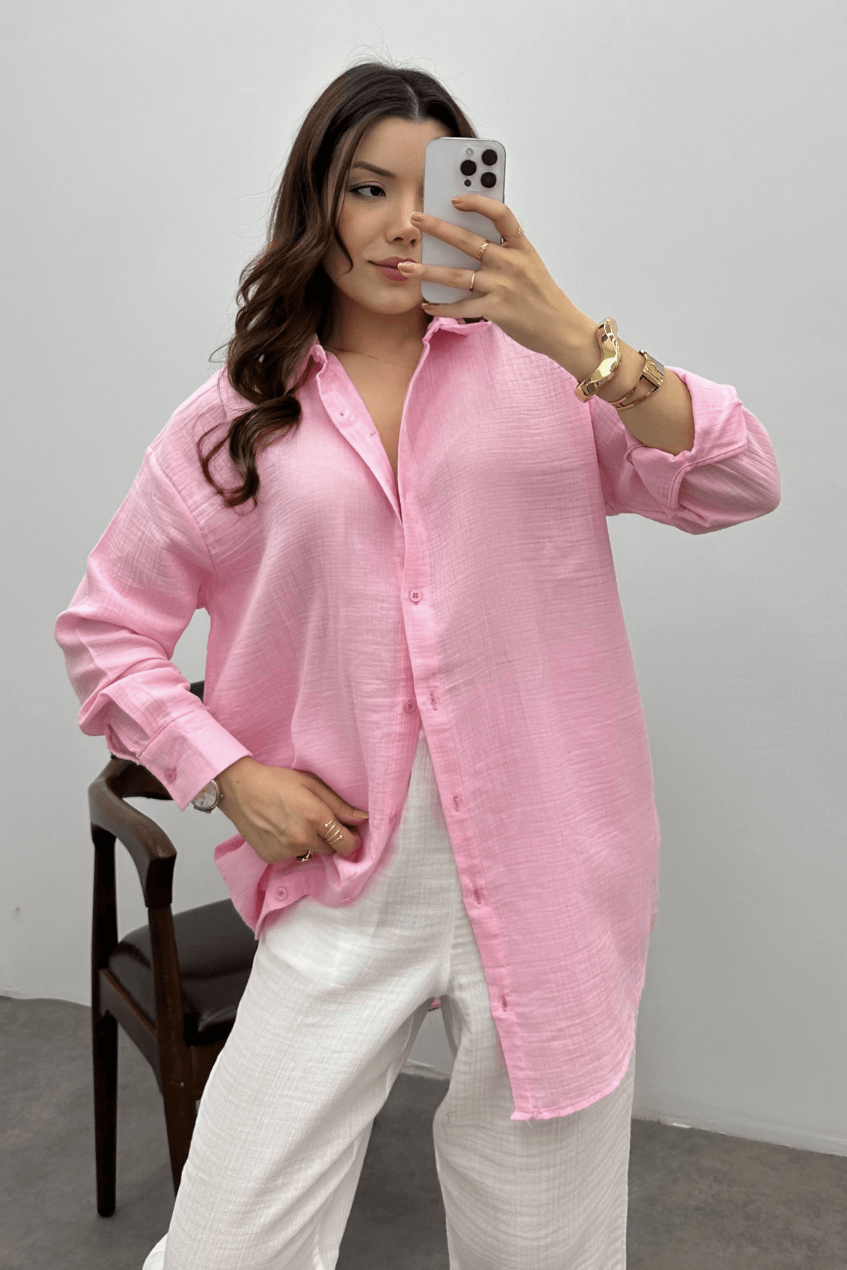 Kadın Pembe Oversize Basic Müslin Gömlek