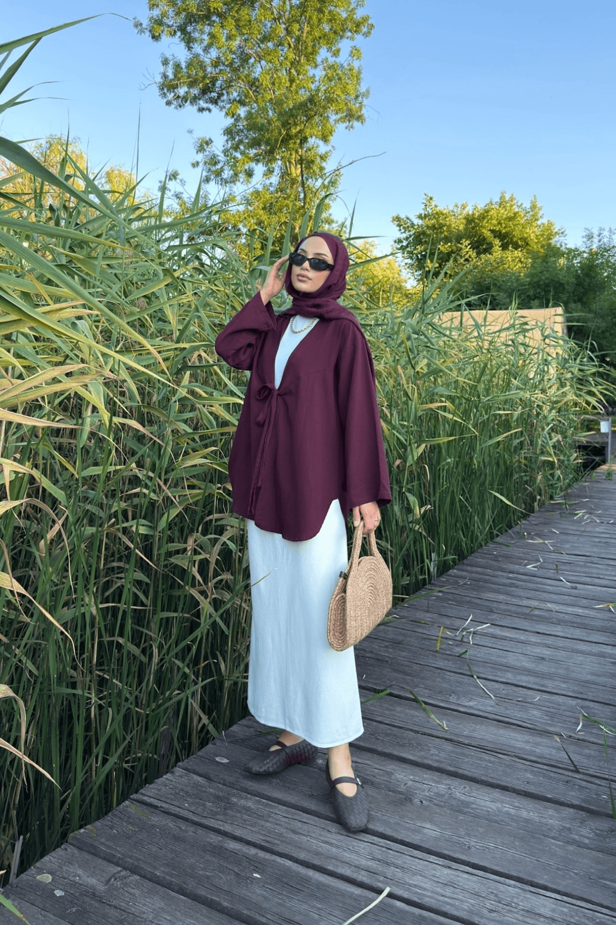 Kadın Cherry Bağlama Detaylı Flam Keten Kimono