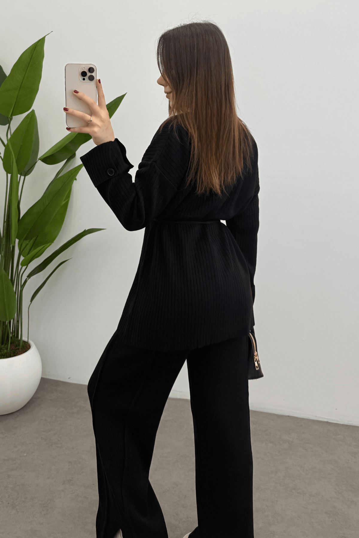 Kadın Siyah Bel Bağlamalı Düğme Detaylı Fitilli Triko Kazak Pantolon İkili Takım