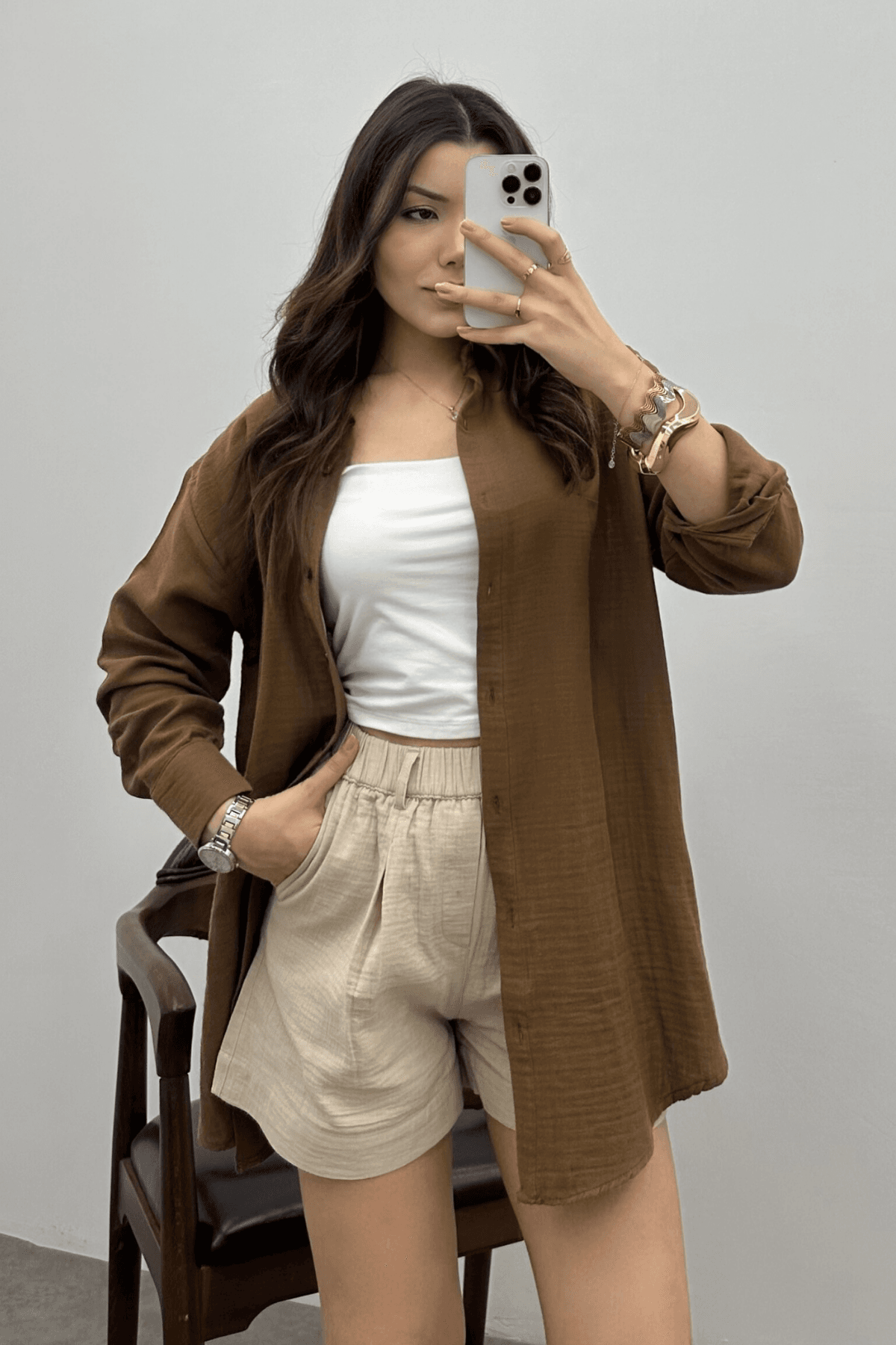 Kadın Kızıl Kahve Oversize Basic Müslin Gömlek