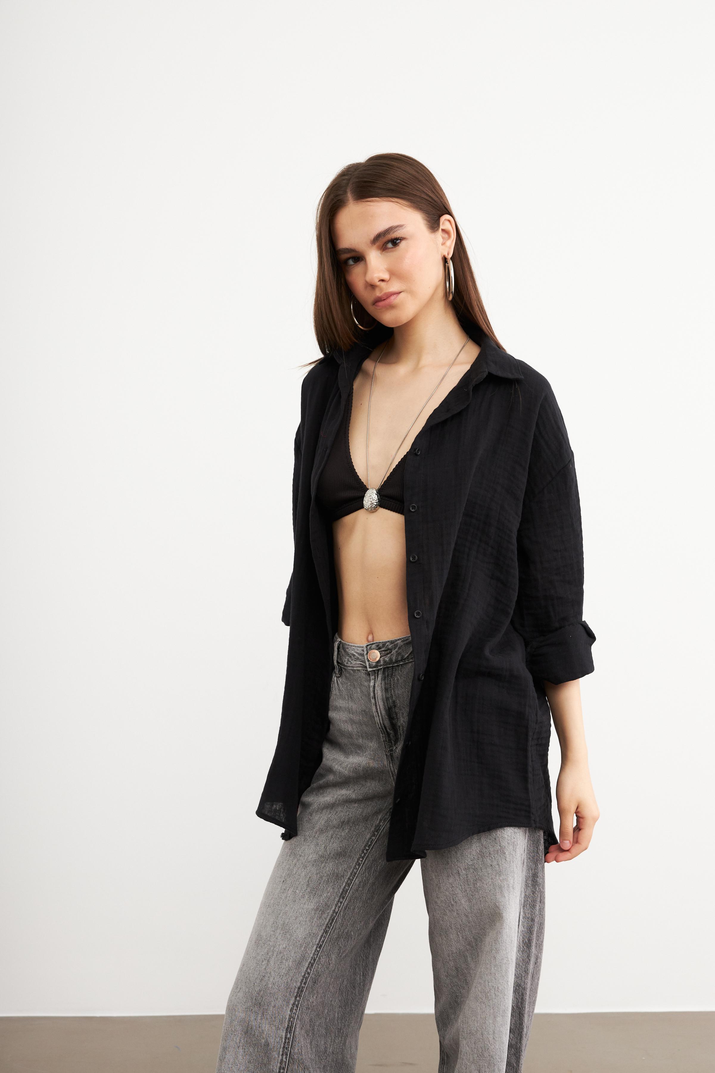 Kadın Siyah Oversize Basic Müslin Gömlek