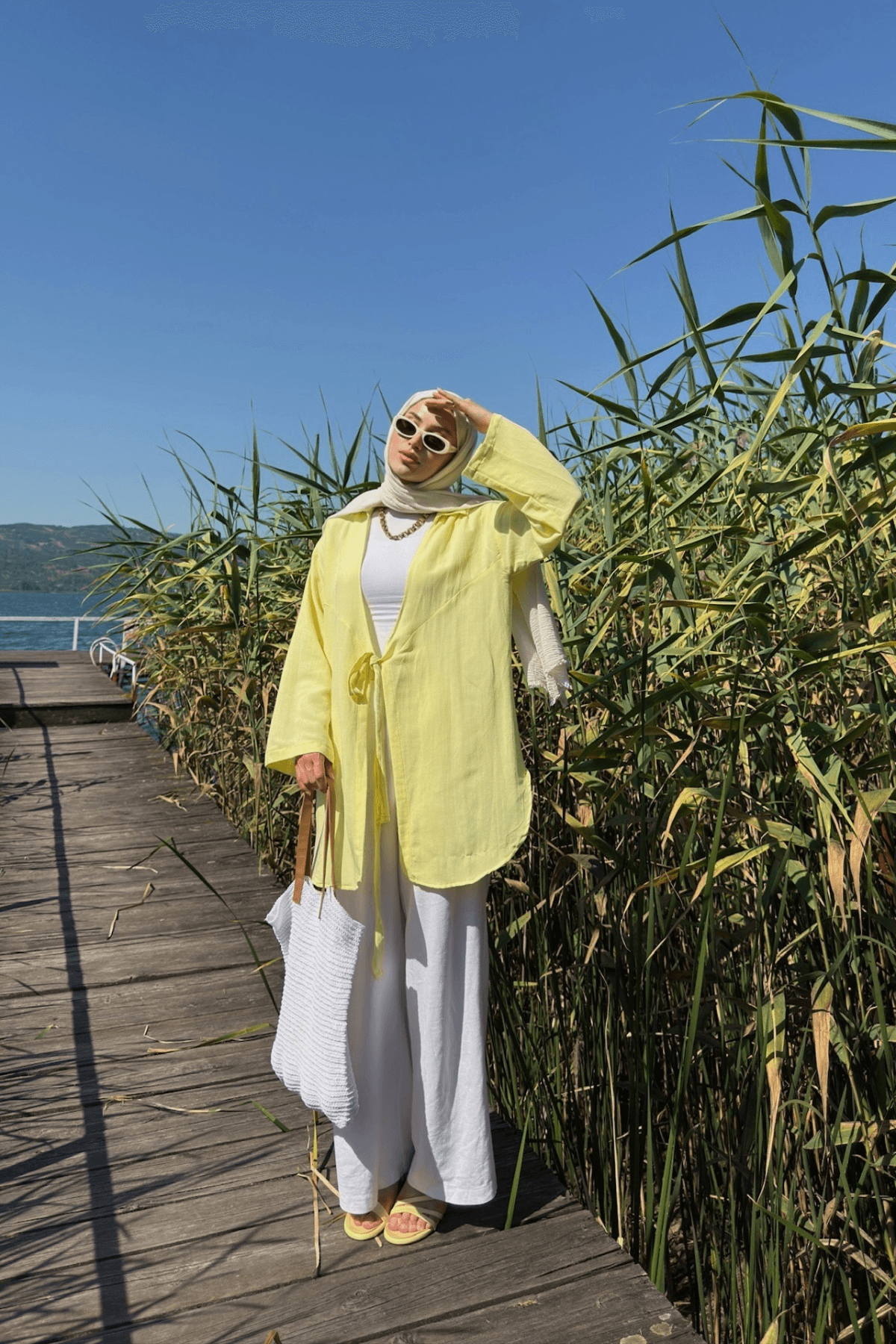 Kadın Tereyağı Sarı Bağlama Detaylı Flam Keten Kimono