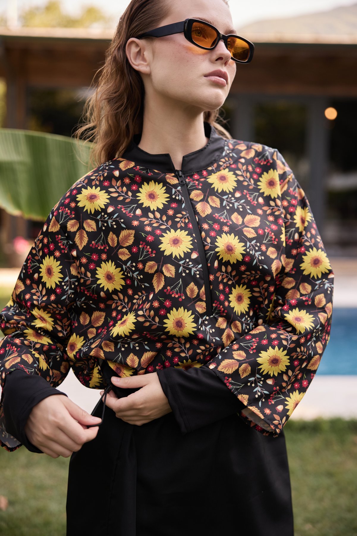 Kadın Tesettür Sunset Flowers Baskılı Tam Kapalı 3 Parça Mayo Takımı