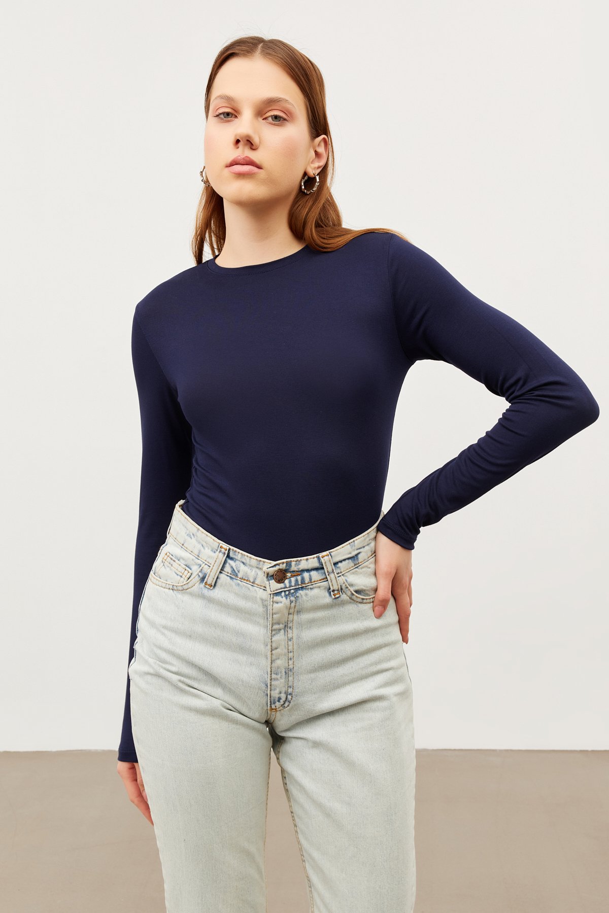 Kadın Lacivert Bisiklet Yaka Body
