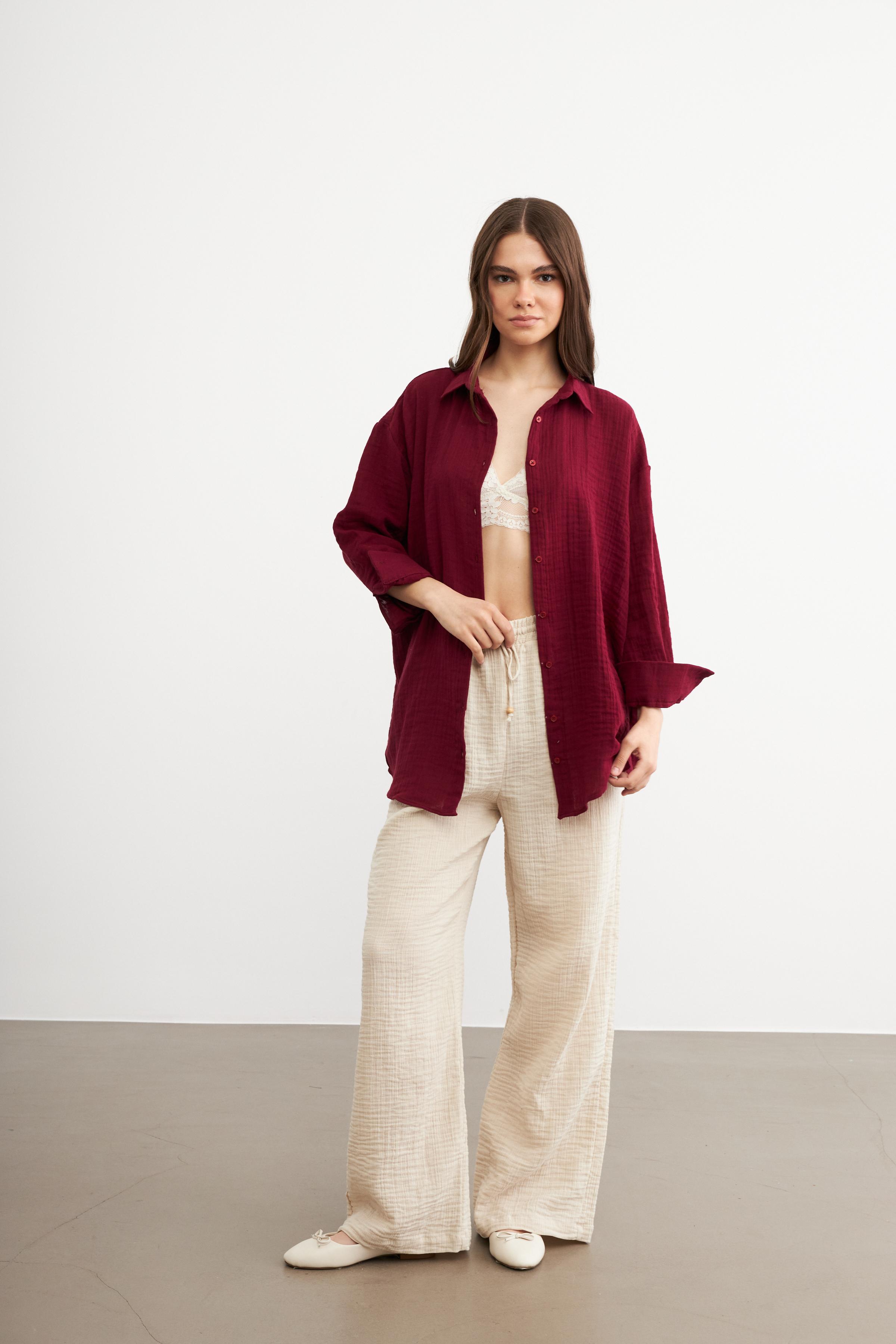 Kadın Bordo Oversize Basic Müslin Gömlek