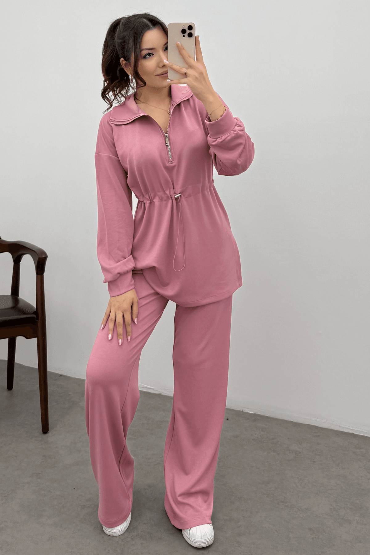 Kadın Pembe Oysho Beli Lastikli Fermuarlı Sweat Takım 