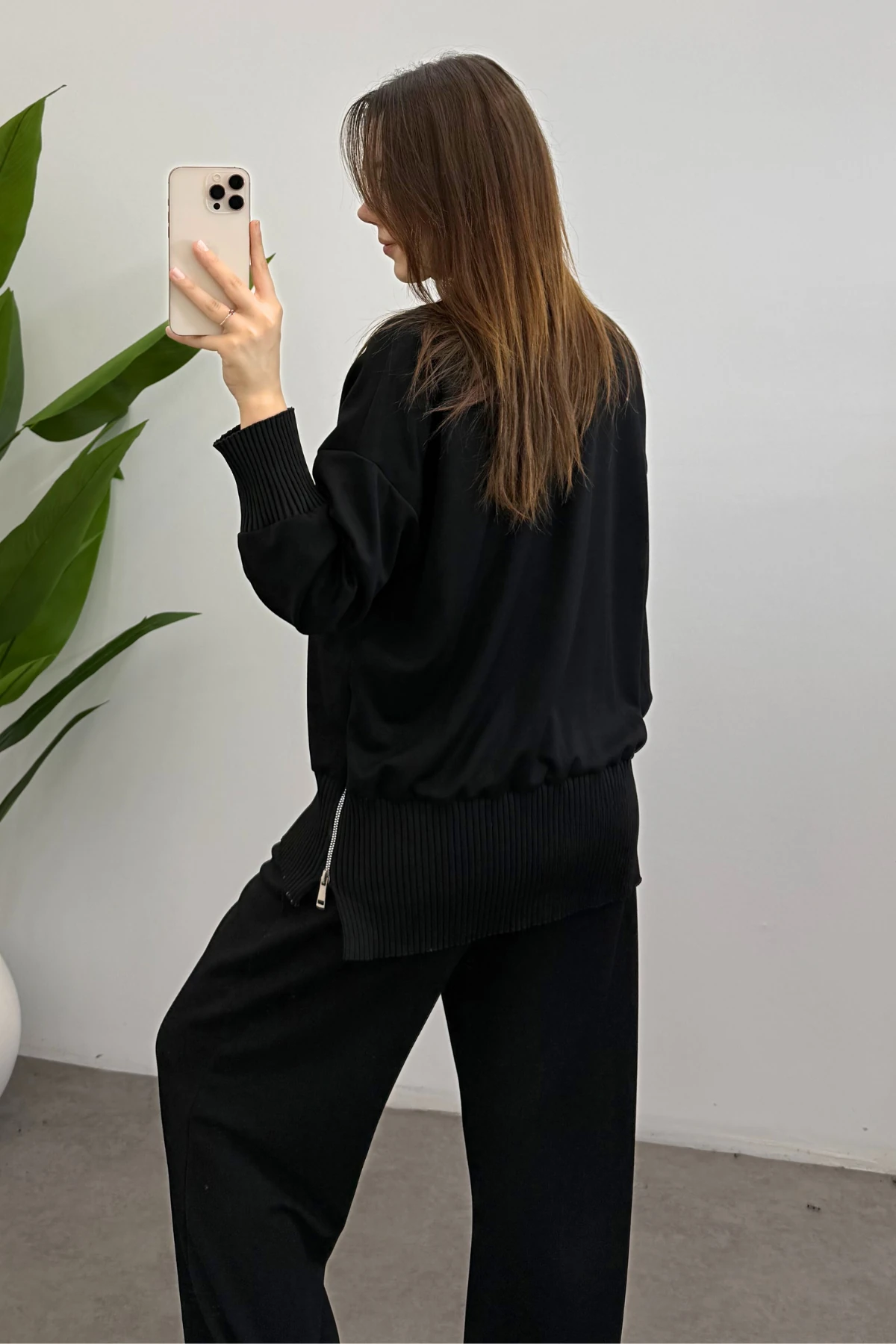 Kadın Siyah Balıkçı Yaka Yan Fermuar Detaylı Modal Takım