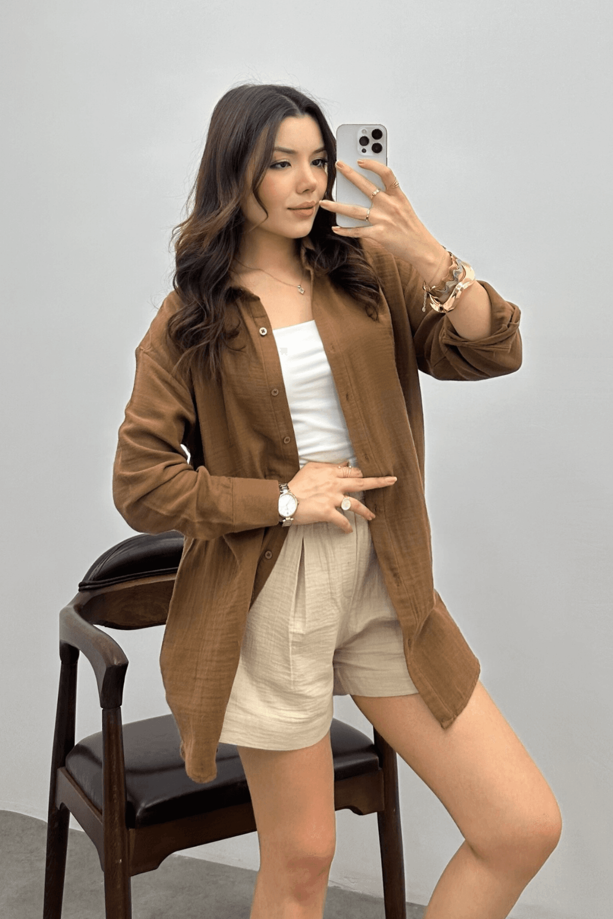 Kadın Kızıl Kahve Oversize Basic Müslin Gömlek