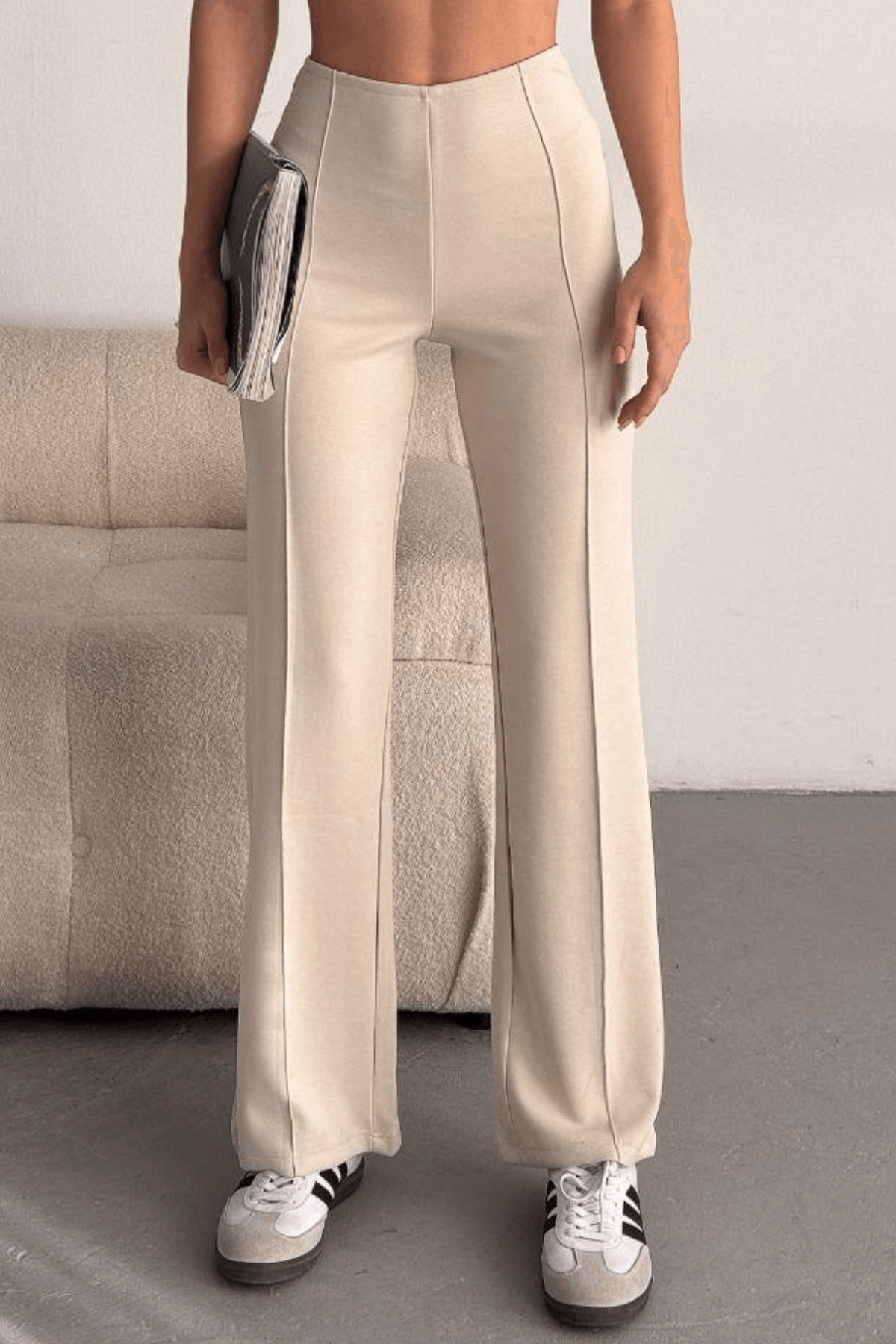Kadın Krem Modal Nervür Dikiş Detaylı Likralı Pantolon