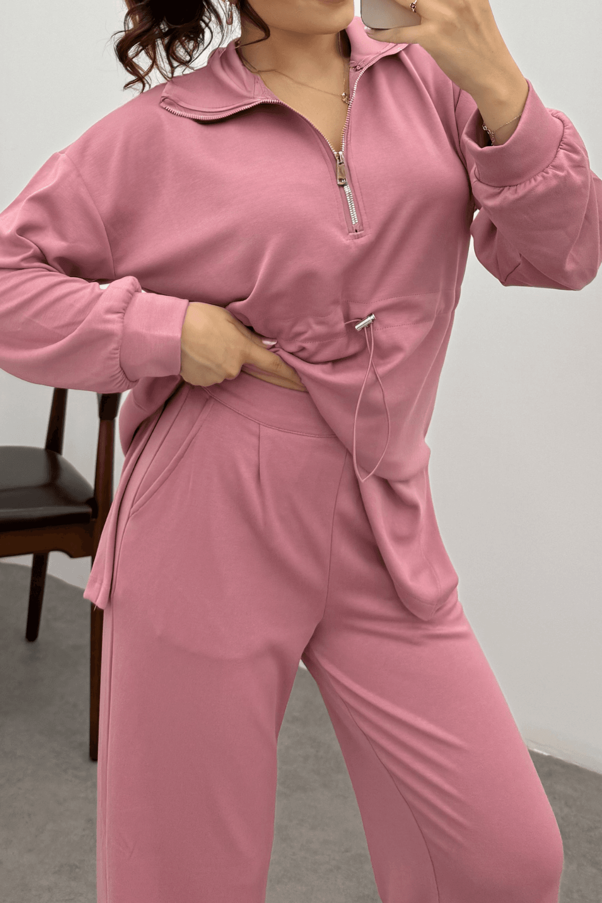 Kadın Pembe Oysho Beli Lastikli Fermuarlı Sweat Takım 