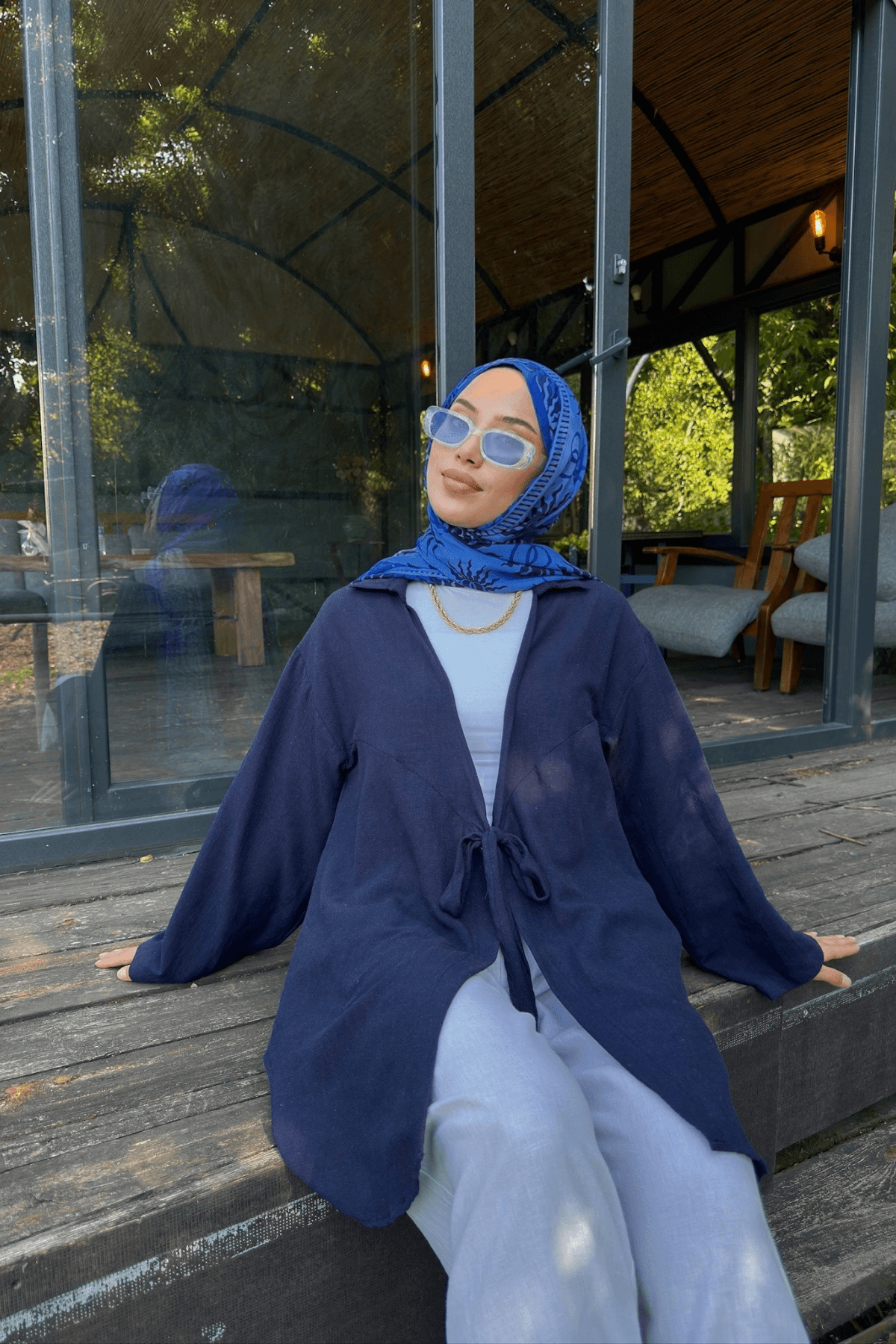 Kadın Lacivert Bağlama Detaylı Flam Keten Kimono