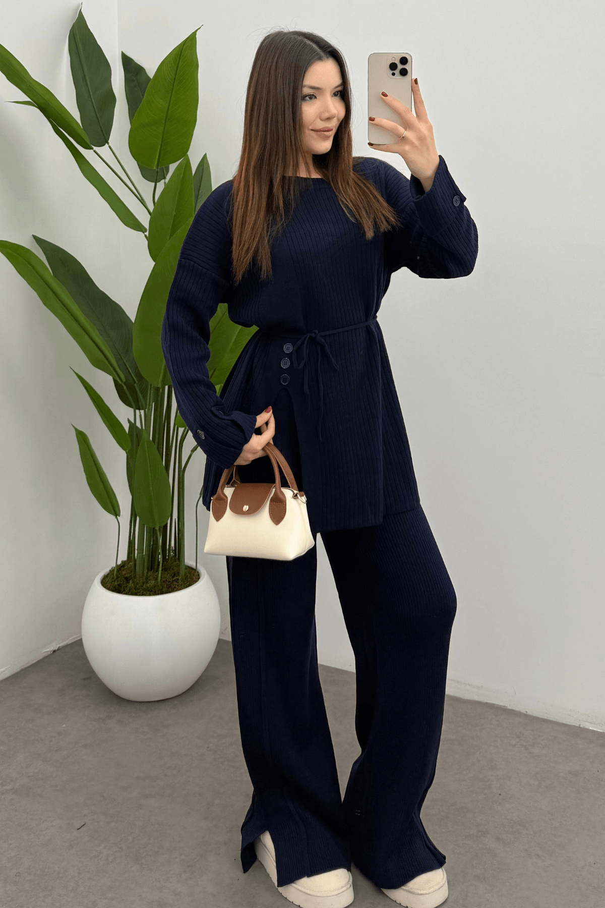 Kadın Lacivert Bel Bağlamalı Düğme Detaylı Fitilli Triko Kazak Pantolon İkili Takım