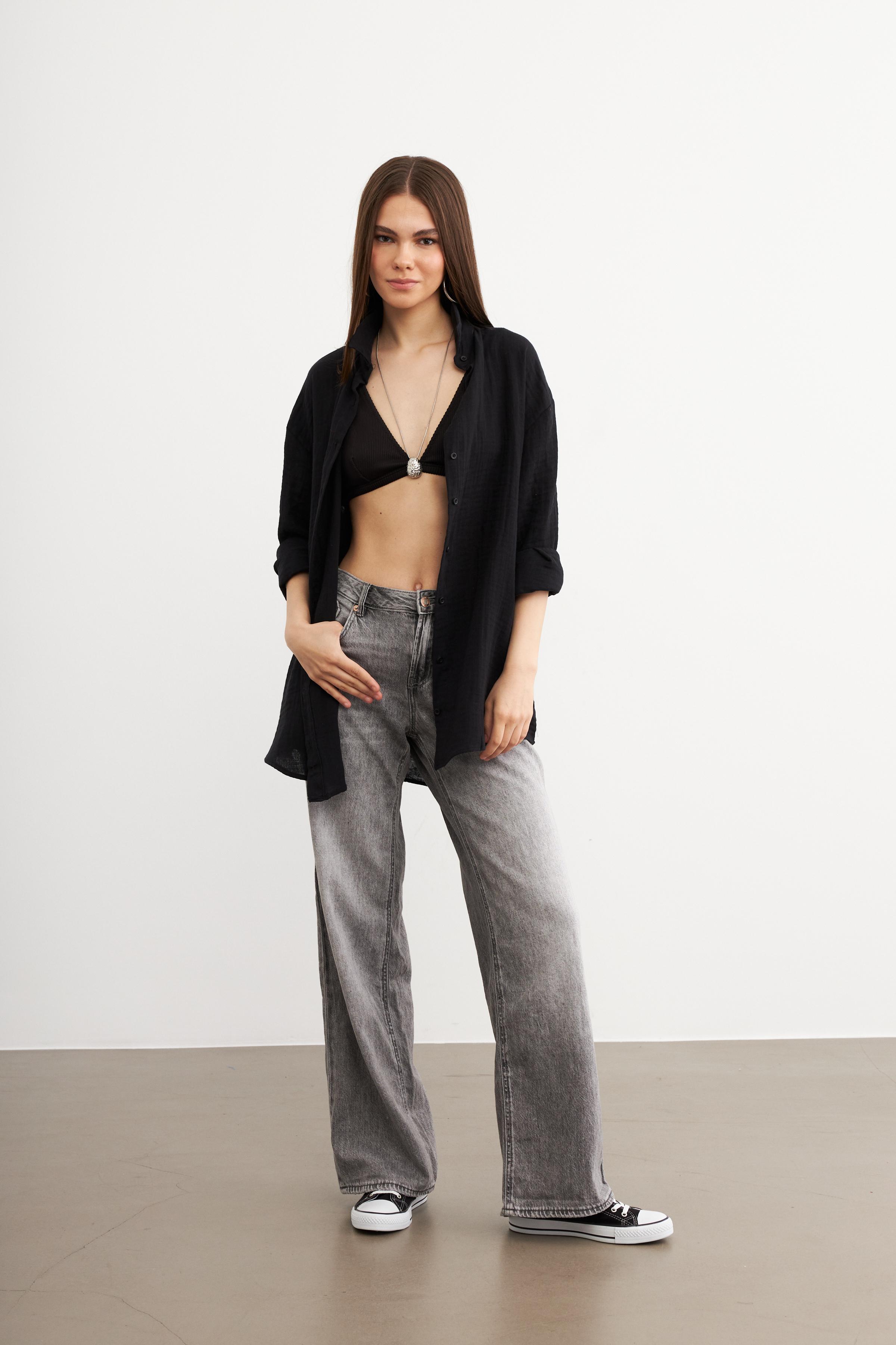 Kadın Siyah Oversize Basic Müslin Gömlek