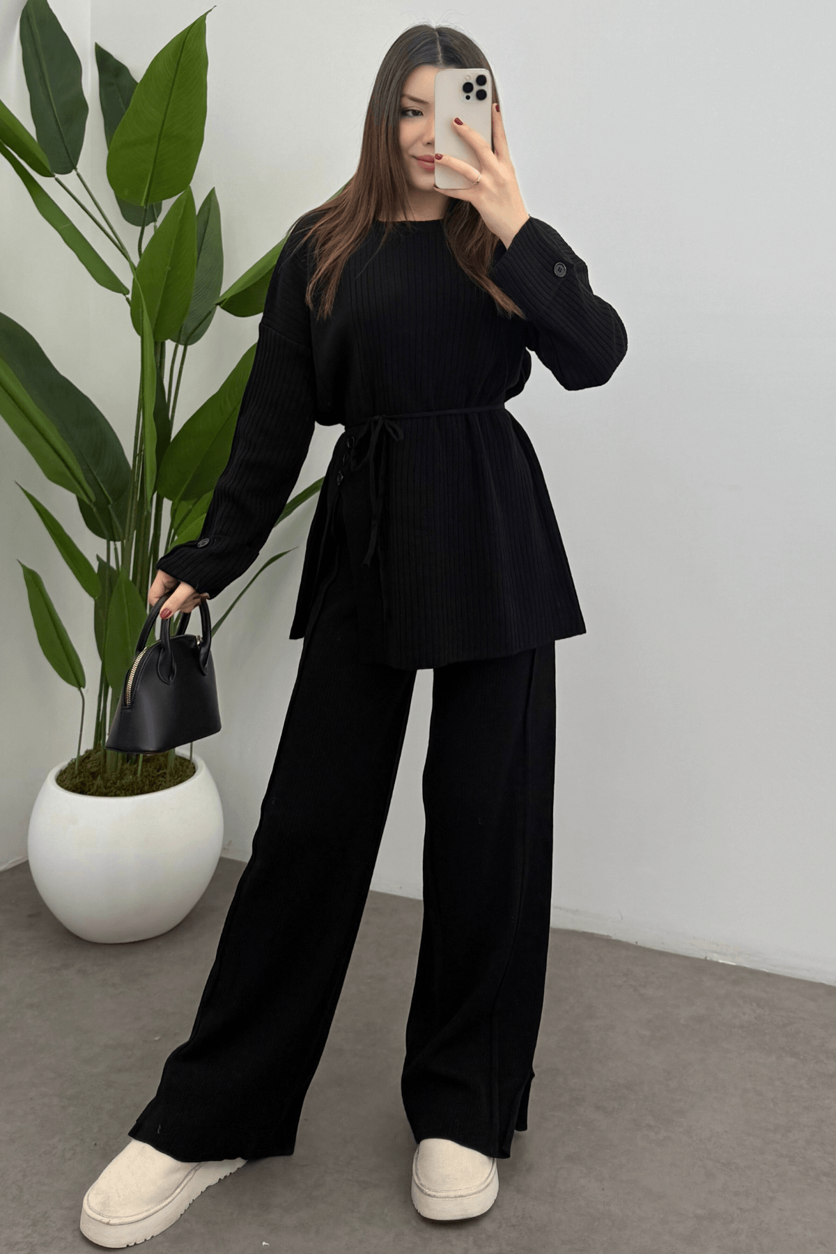 Kadın Siyah Bel Bağlamalı Düğme Detaylı Fitilli Triko Kazak Pantolon İkili Takım