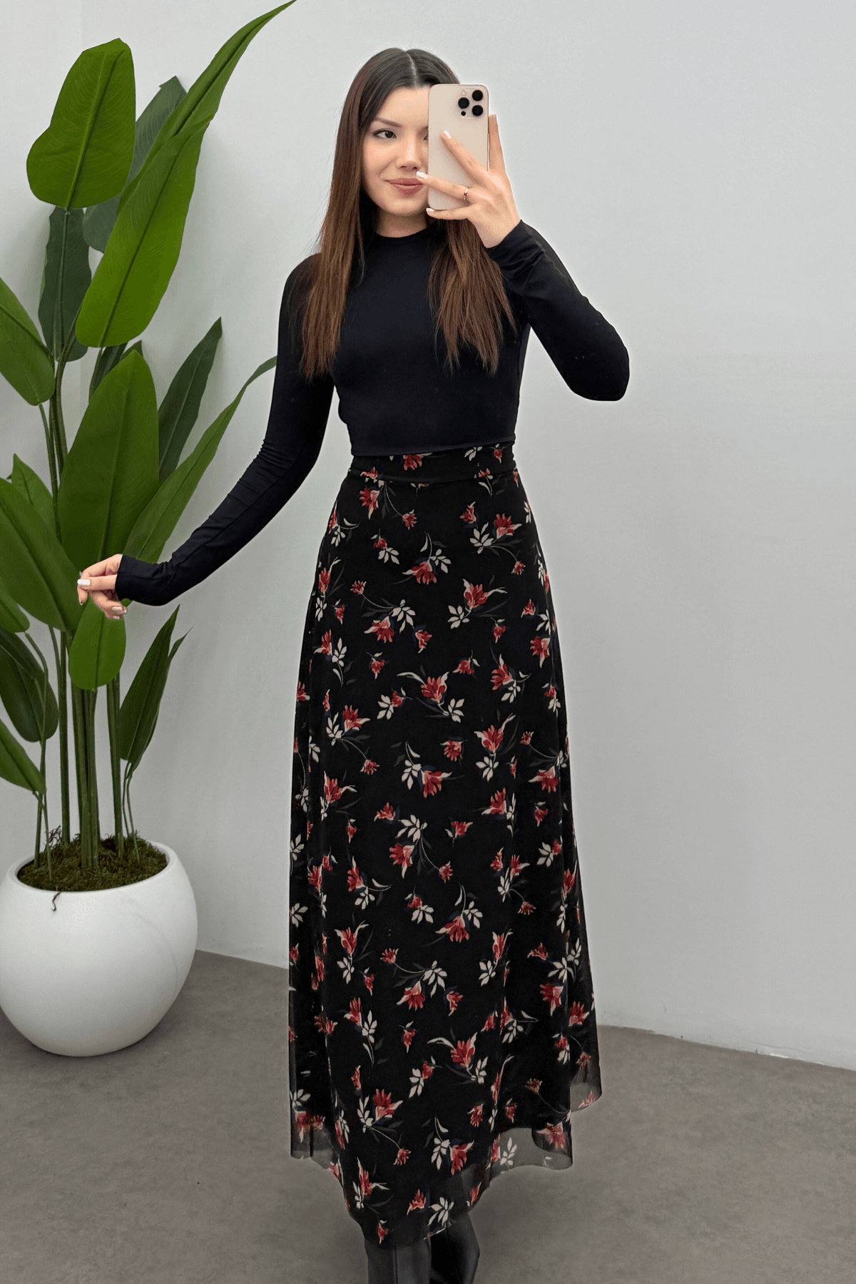 Kadın Kırmızı Yaprak Baskılı  Arka Lastik Detaylı Fermuarlı Tül Etek