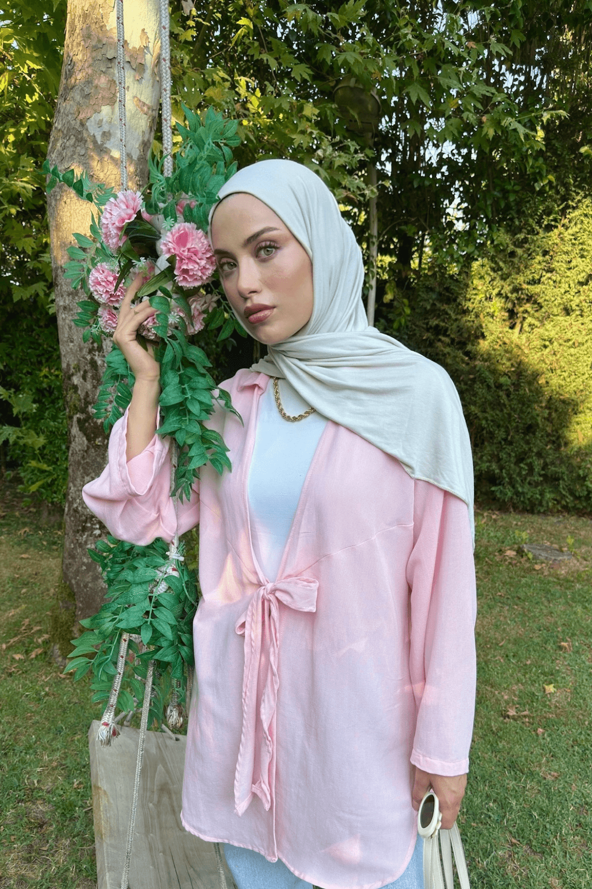 Kadın Pembe Bağlama Detaylı Flam Keten Kimono
