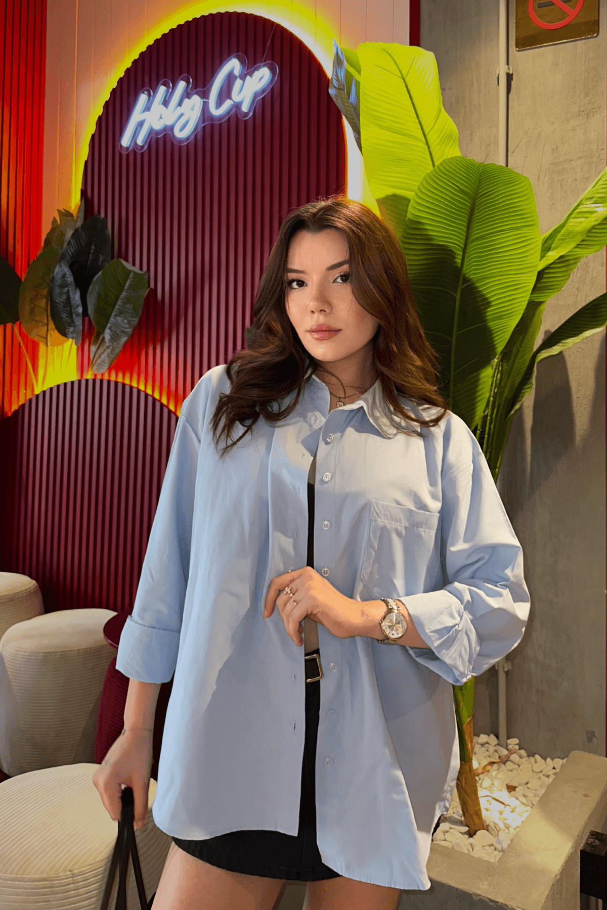 Kadın Bebe Mavisi Oversize Basic Cep Detaylı Poplin Uzun Kol Gömlek