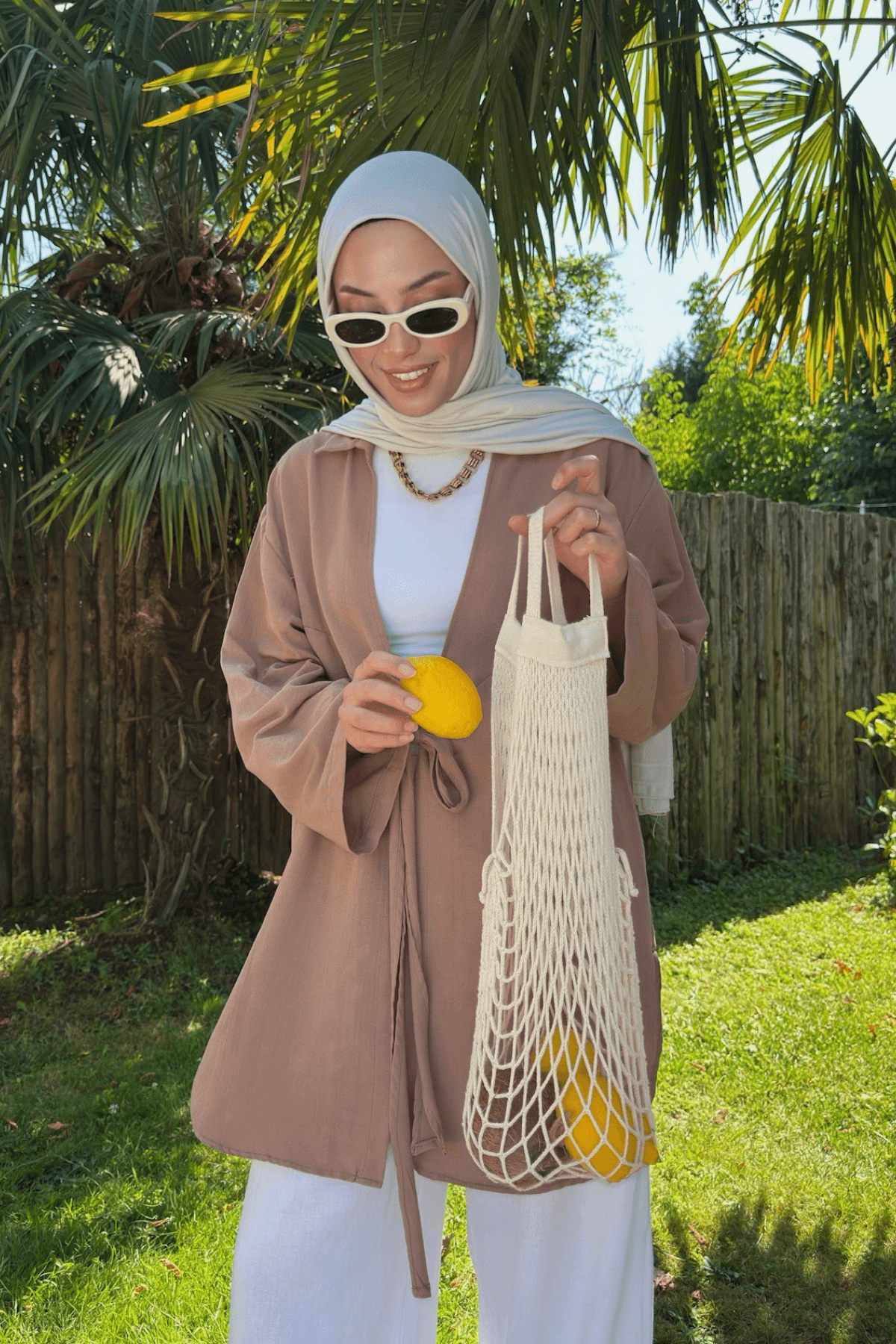 Kadın Kahverengi Bağlama Detaylı Flam Keten Kimono