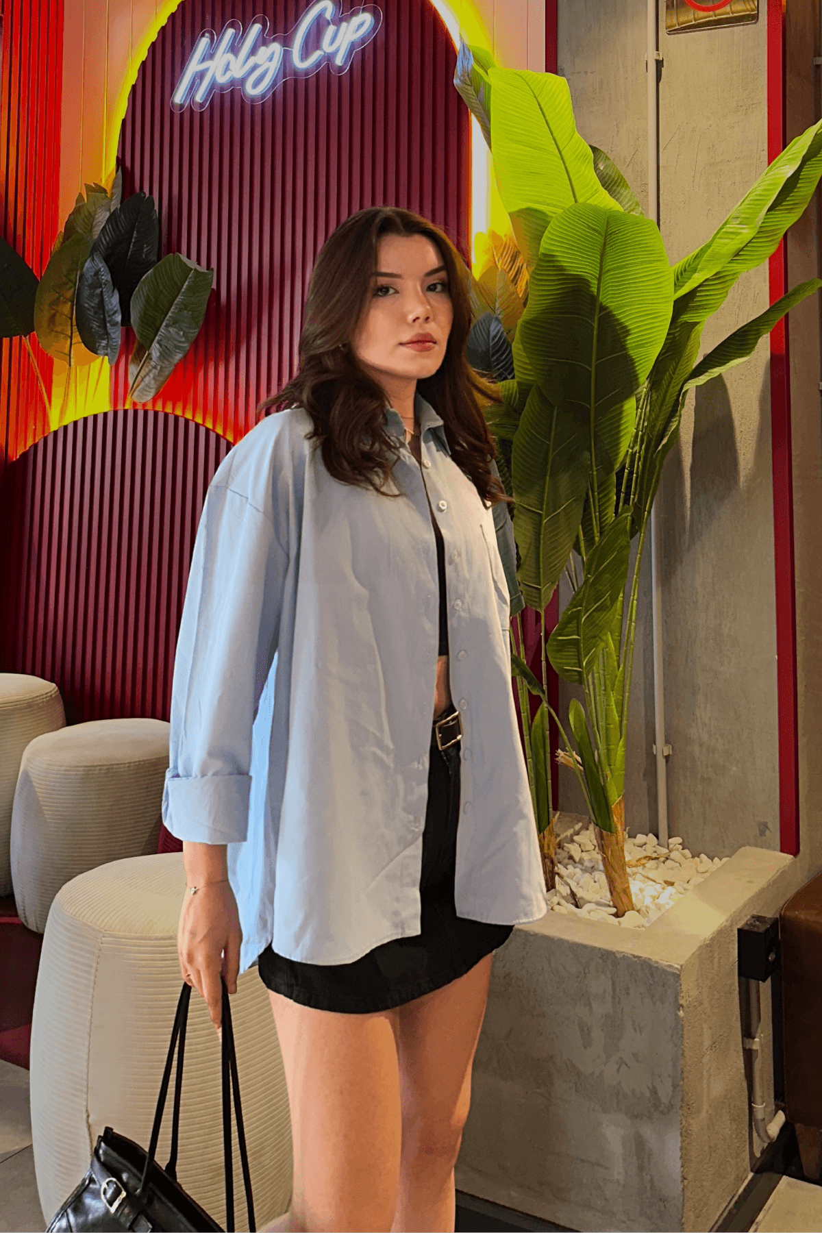 Kadın Bebe Mavisi Oversize Basic Cep Detaylı Poplin Uzun Kol Gömlek