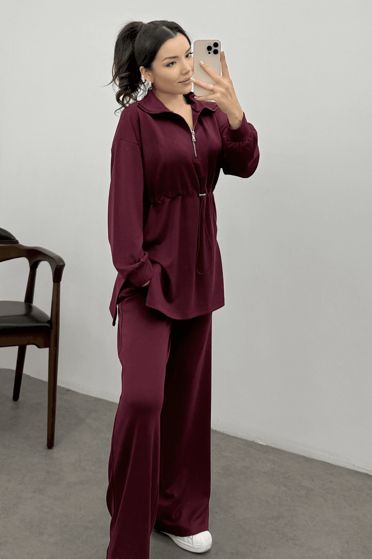 Kadın Bordo Oysho Beli Lastikli Fermuarlı Sweat Takım