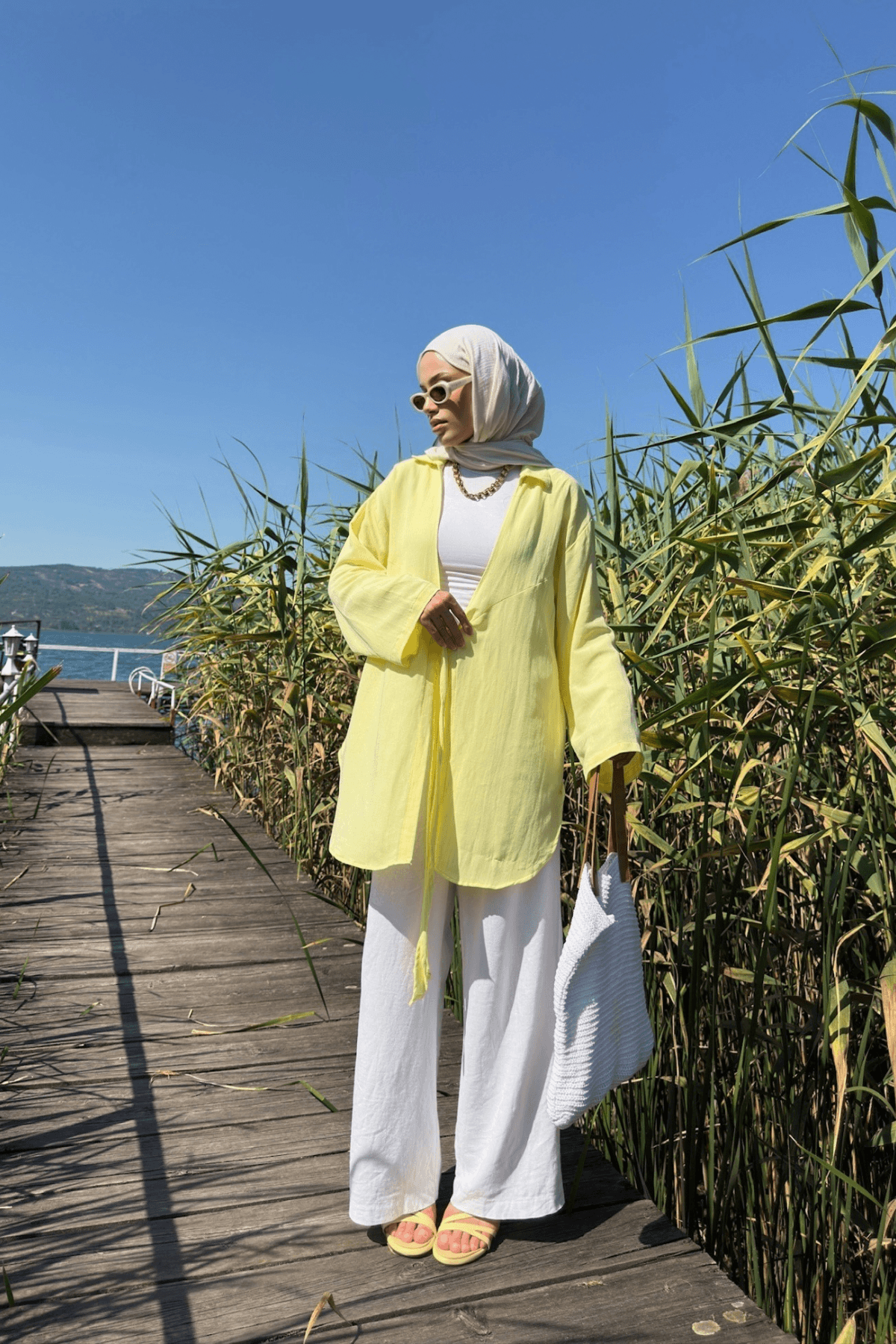 Kadın Tereyağı Sarı Bağlama Detaylı Flam Keten Kimono