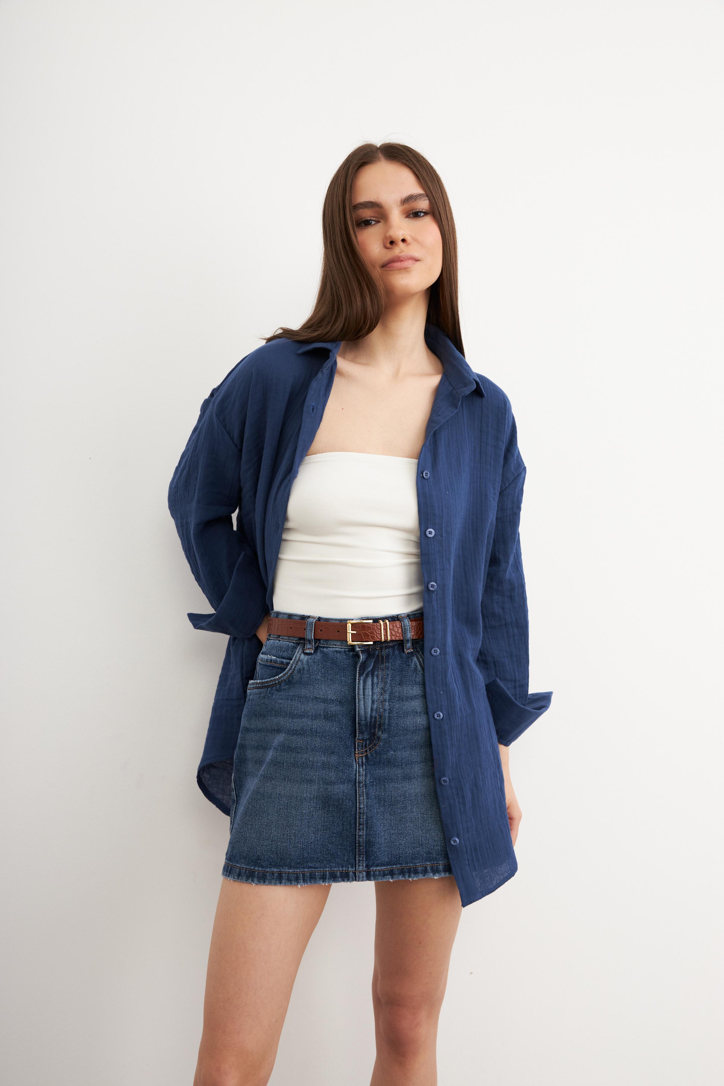 Kadın Lacivert Oversize Basic Müslin Gömlek
