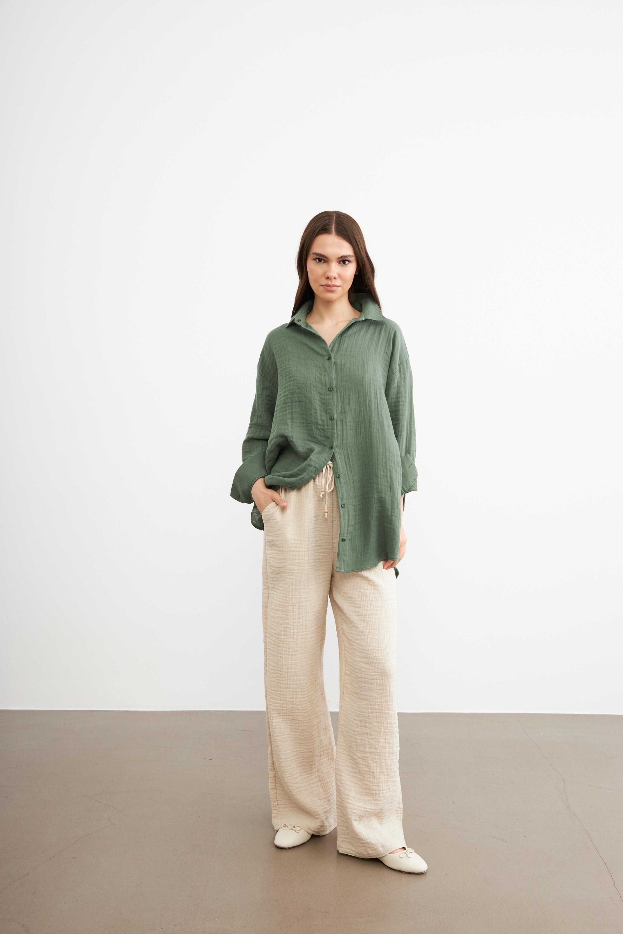 Kadın Mint Yeşili Oversize Basic Müslin Gömlek