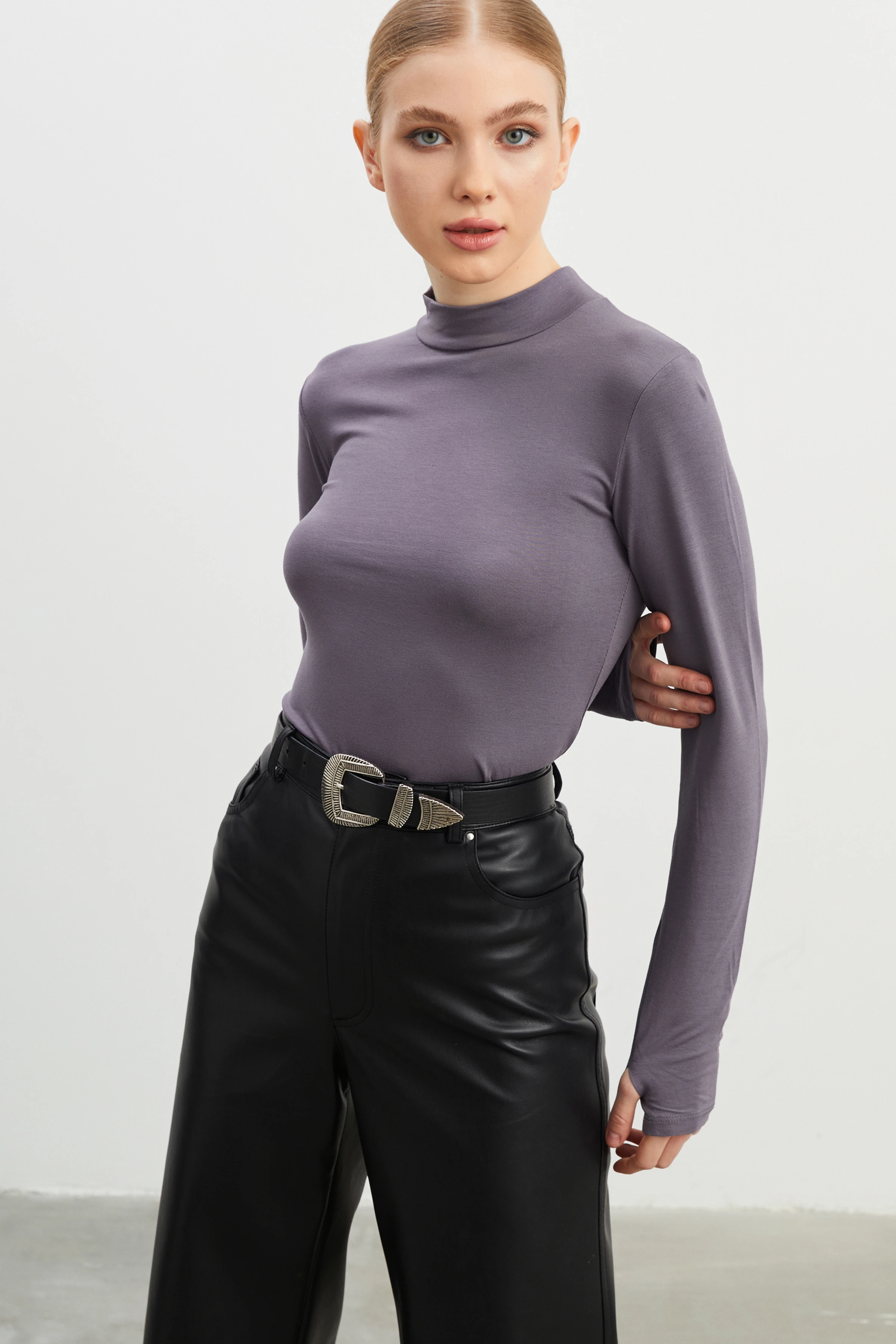 Kadın Gri Krem Parmak Detaylı 2'li Body