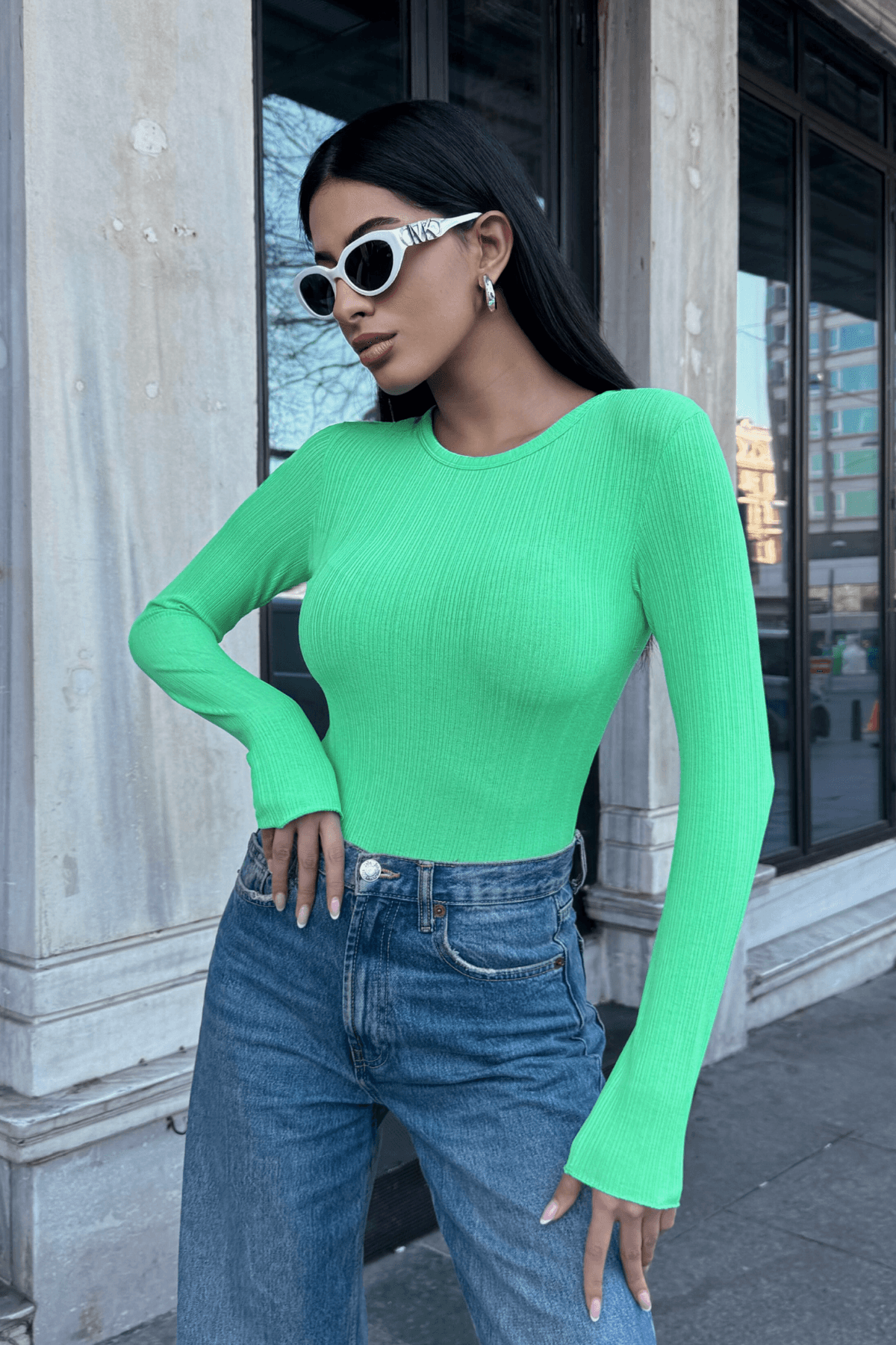 Kadın Yeşil Şerit Detaylı Yumuşak Transparan Bluz