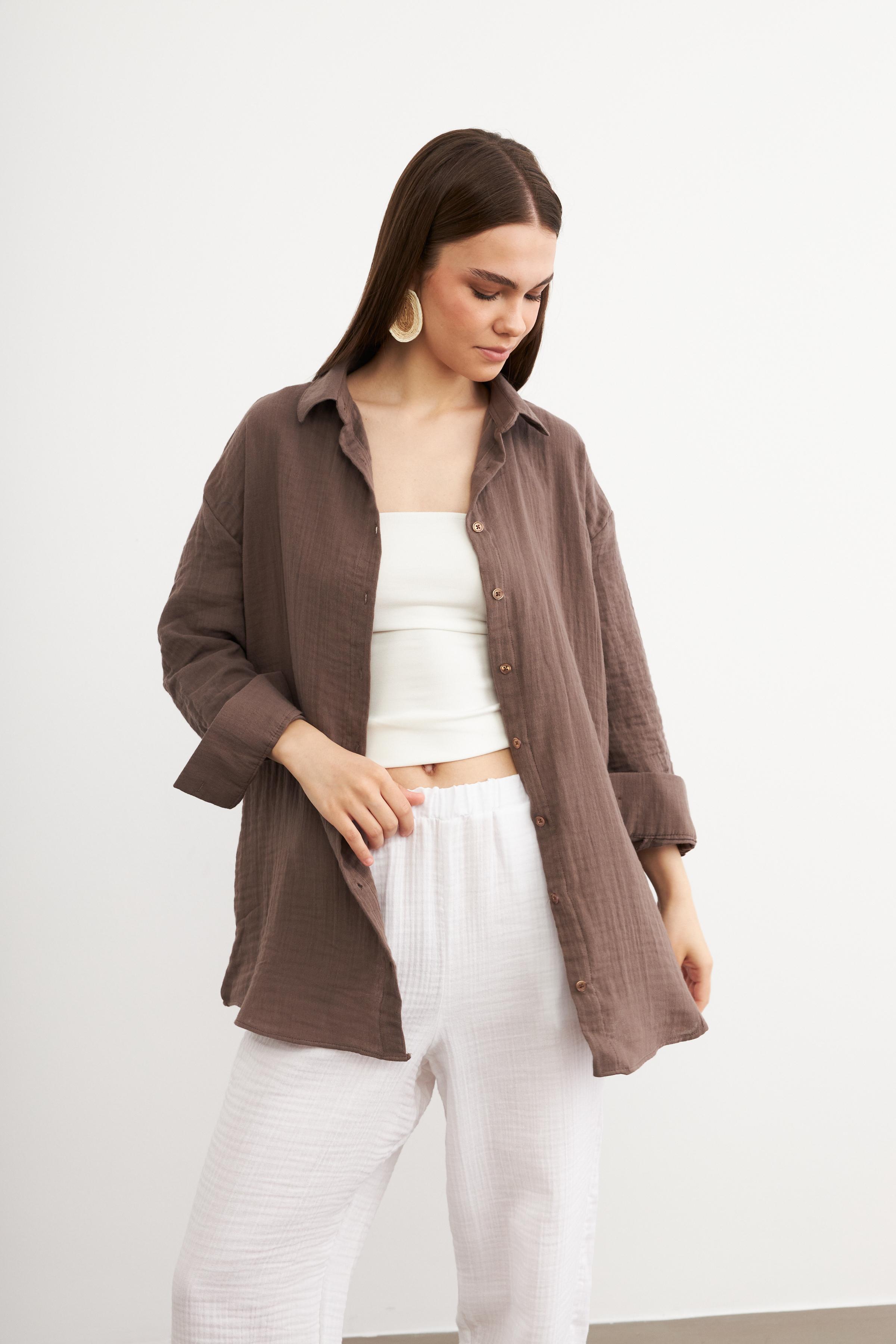 Kadın Mocha Oversize Basic Müslin Gömlek