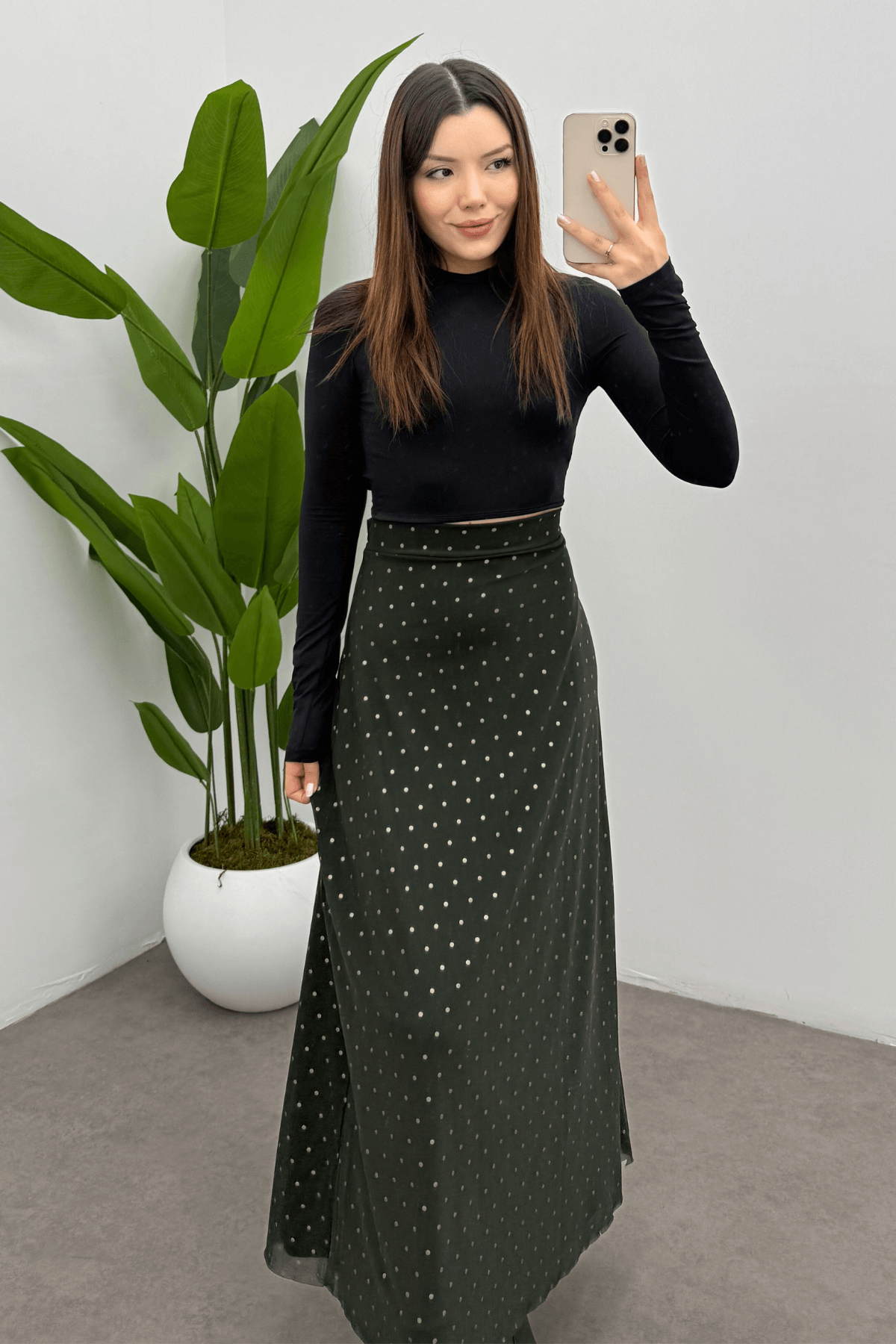 Kadın Yeşil Puantiyeli   Arka Lastik Detaylı Fermuarlı Tül Etek