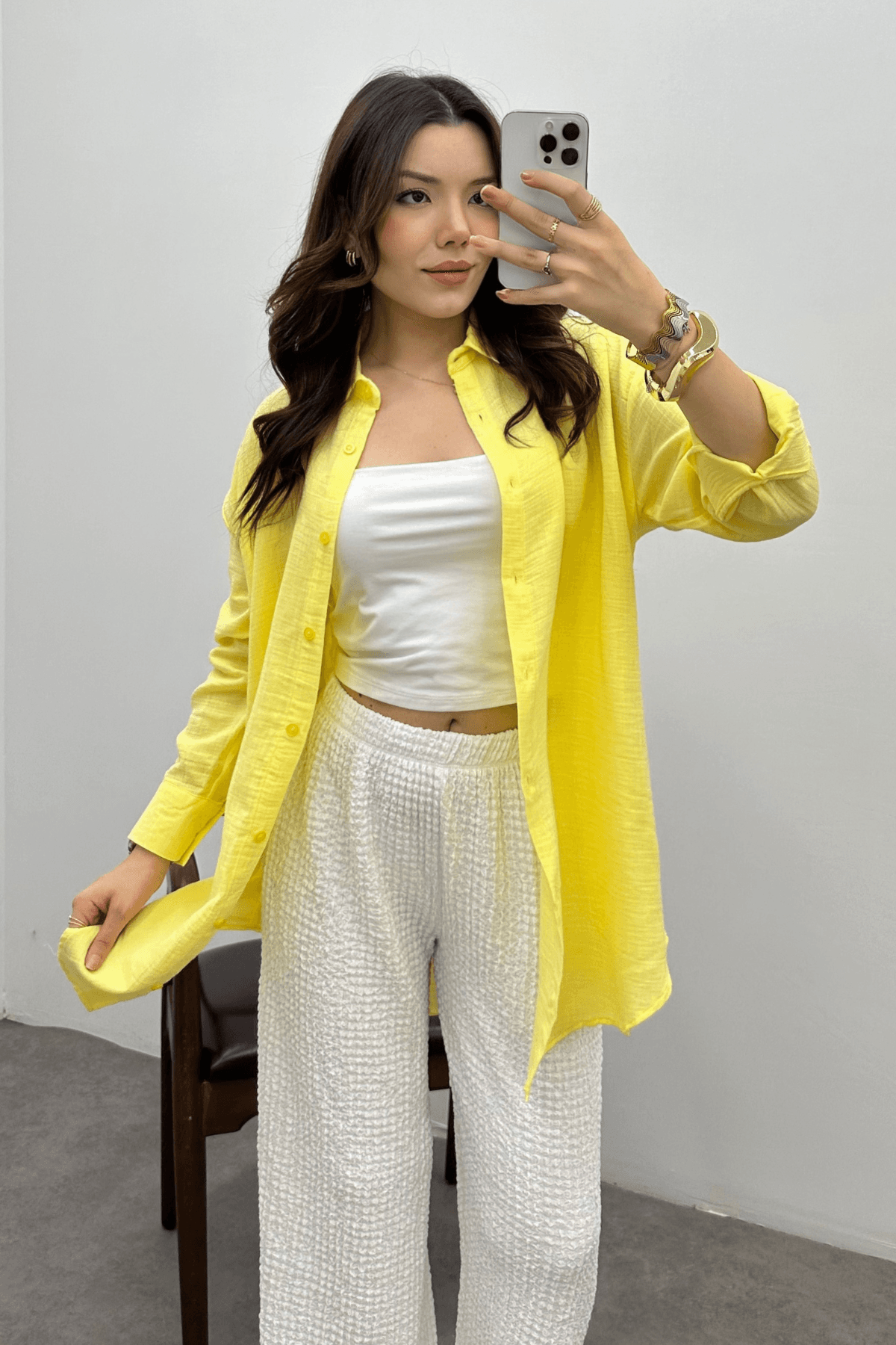 Kadın Tereyağı Sarısı Oversize Basic Müslin Gömlek