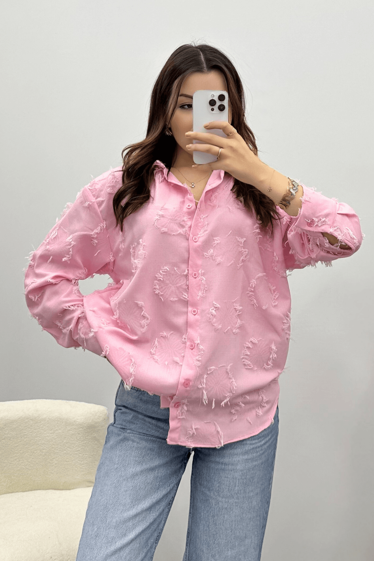 Kadın Düğmeli Pembe Püskül Detaylı Gömlek