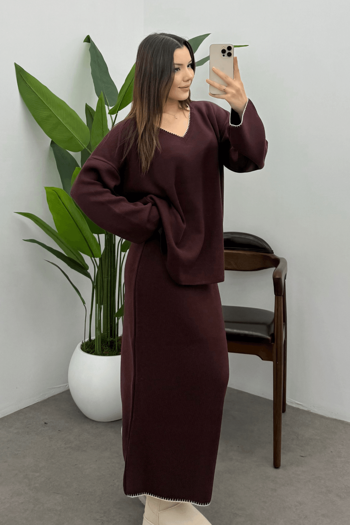 Kadın Bordo Çoban Dikiş Detaylı V Yaka Kazak Etek Triko Takım