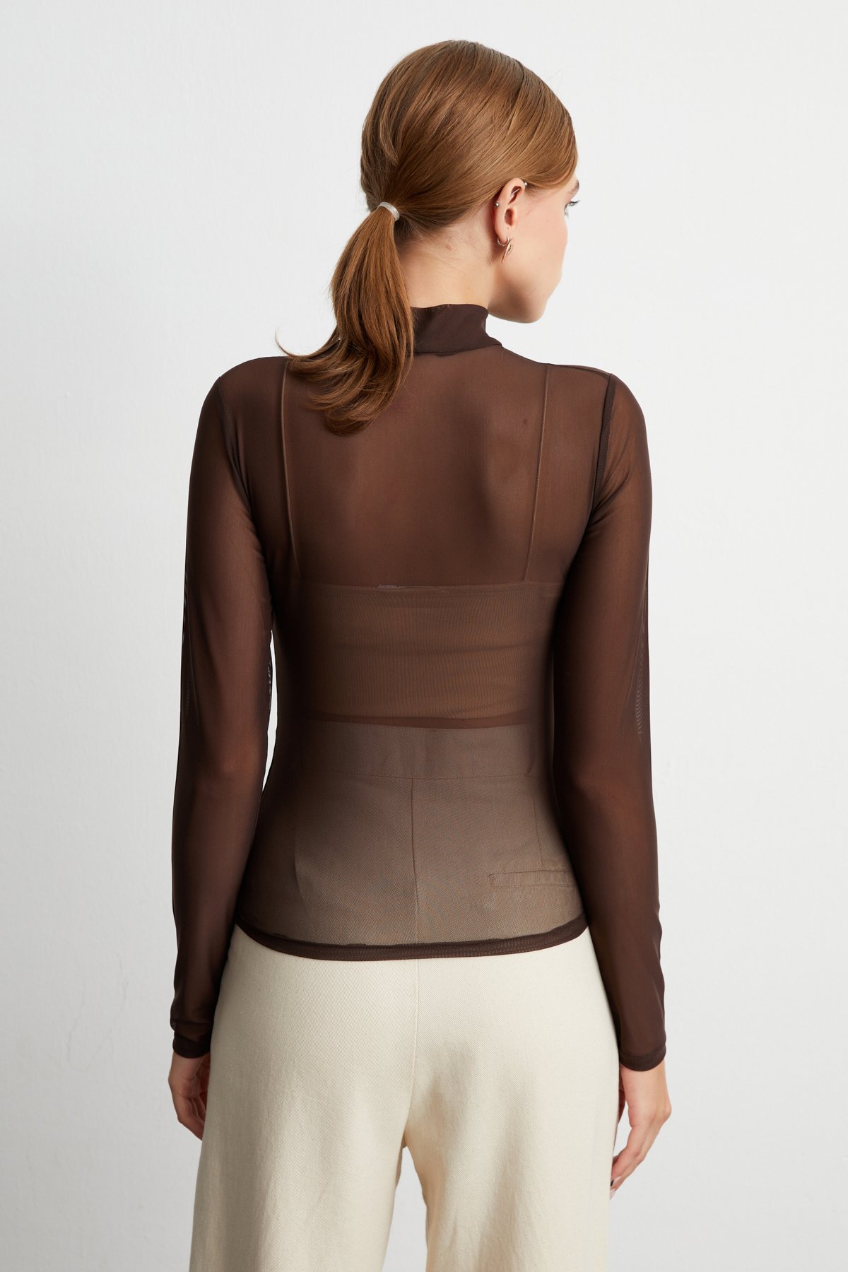 Kadın Kahverengi Tül Transparan Bluz