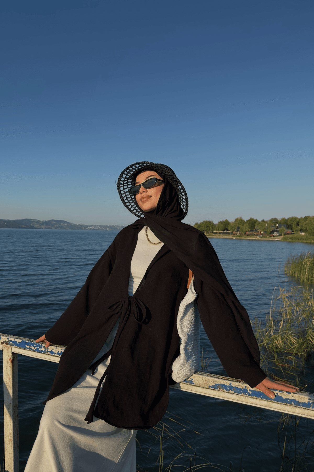 Kadın Siyah Bağlama Detaylı Flam Keten Kimono