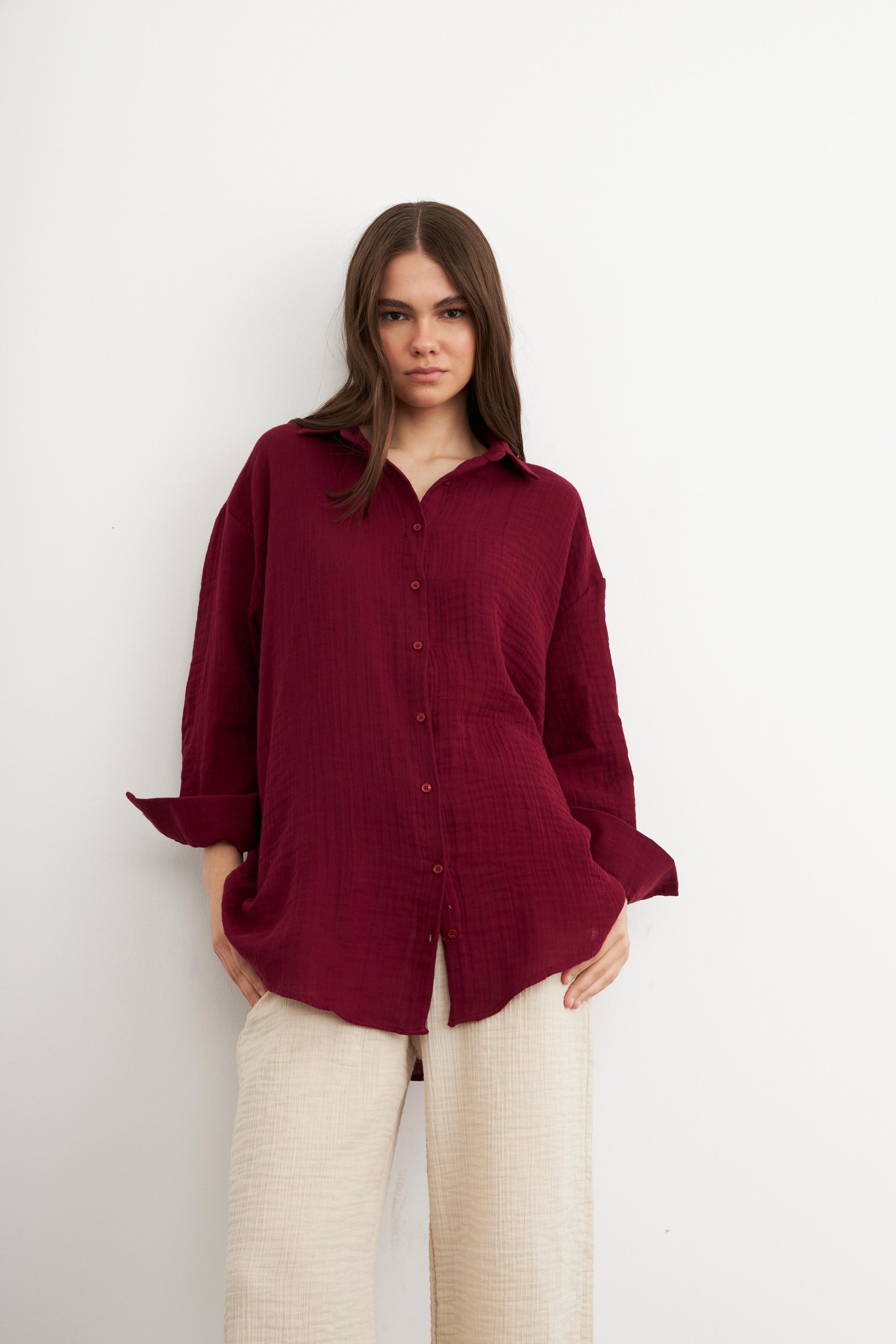 Kadın Bordo Oversize Basic Müslin Gömlek