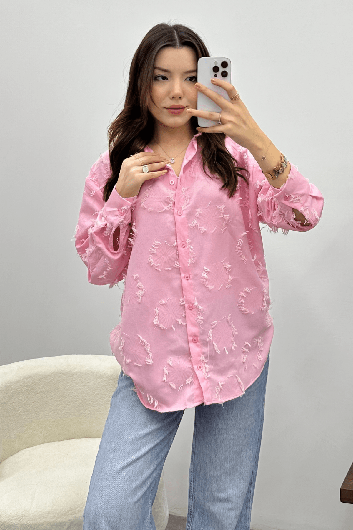Kadın Düğmeli Pembe Püskül Detaylı Gömlek