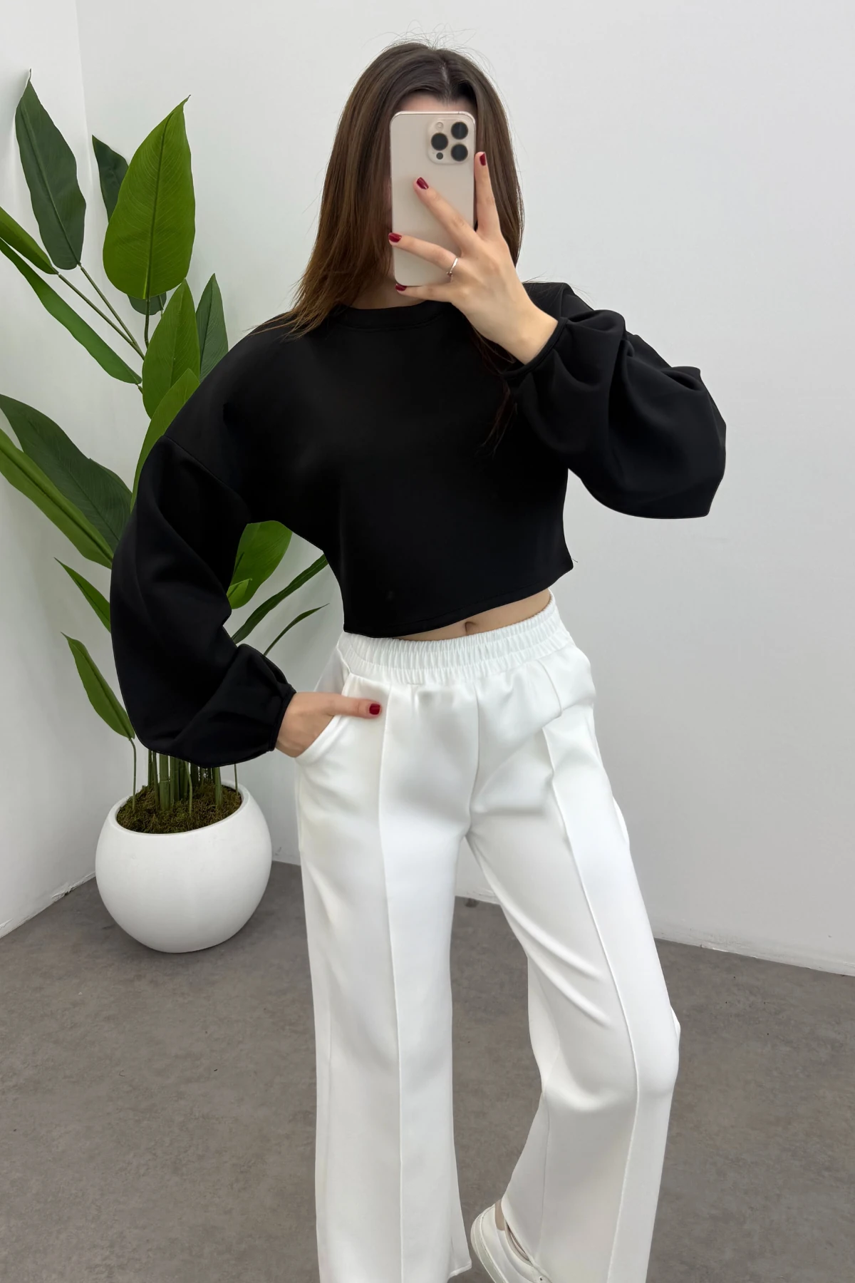 Kadın Beyaz Nervür Dikişli Lastikli Scuba Pantolon