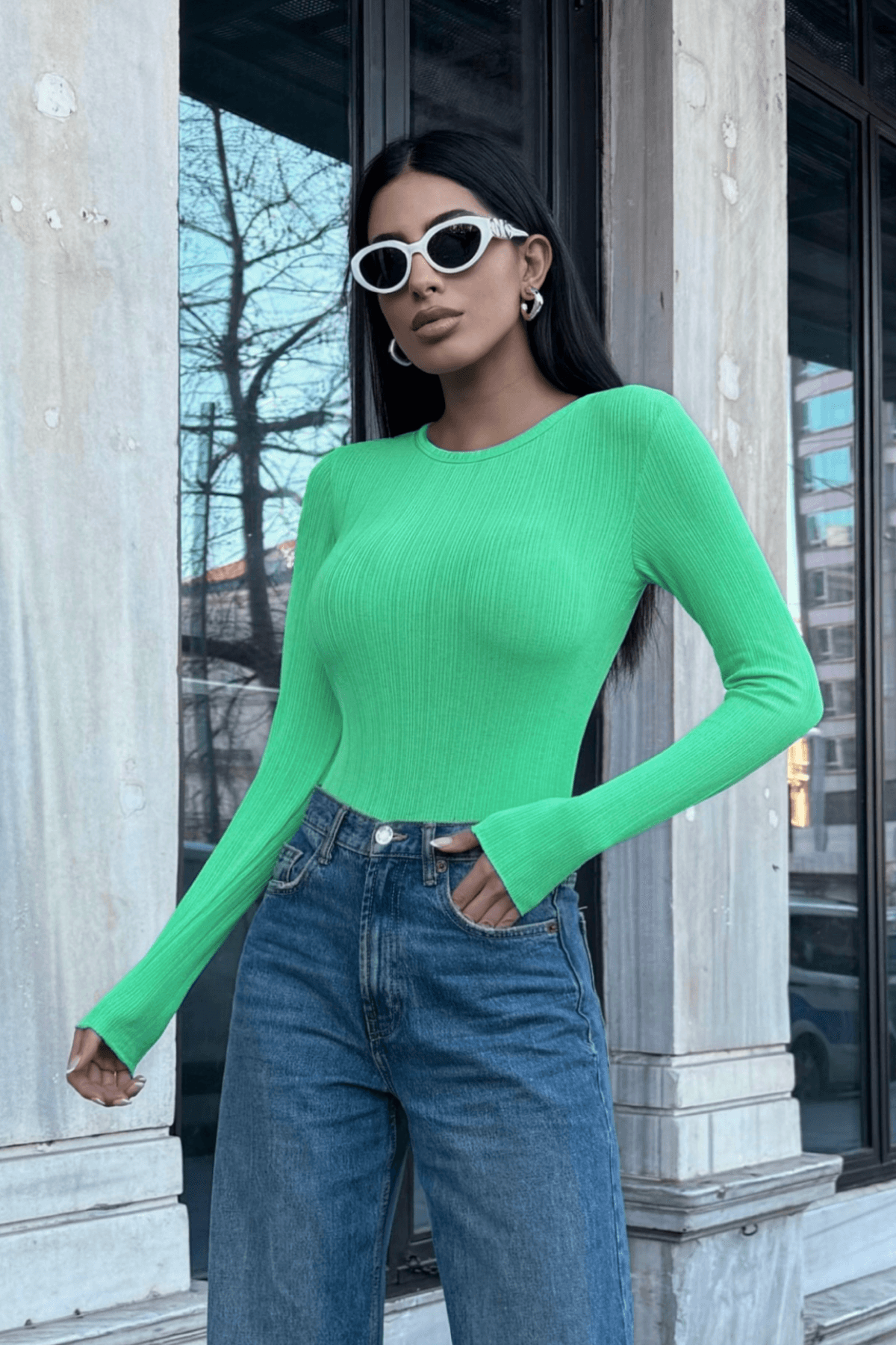 Kadın Yeşil Şerit Detaylı Yumuşak Transparan Bluz