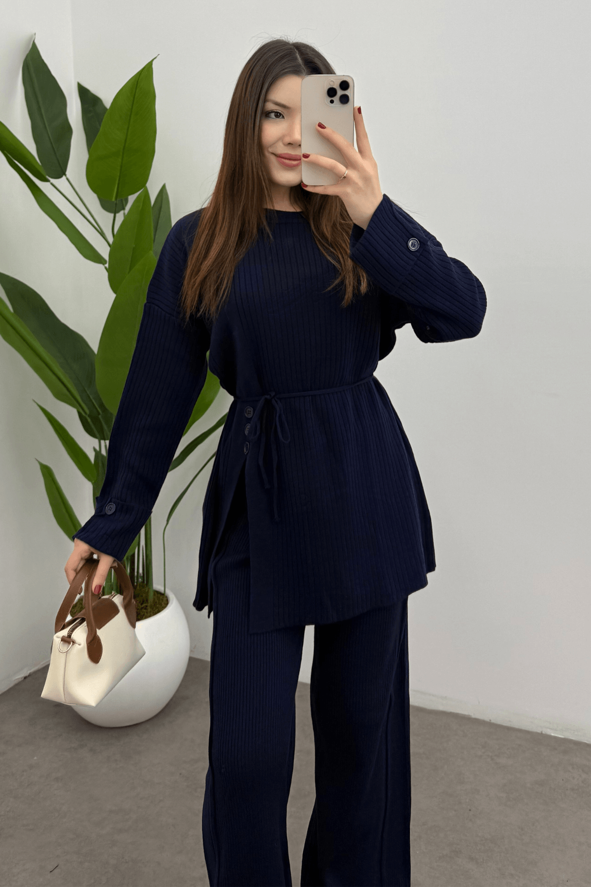 Kadın Lacivert Bel Bağlamalı Düğme Detaylı Fitilli Triko Kazak Pantolon İkili Takım